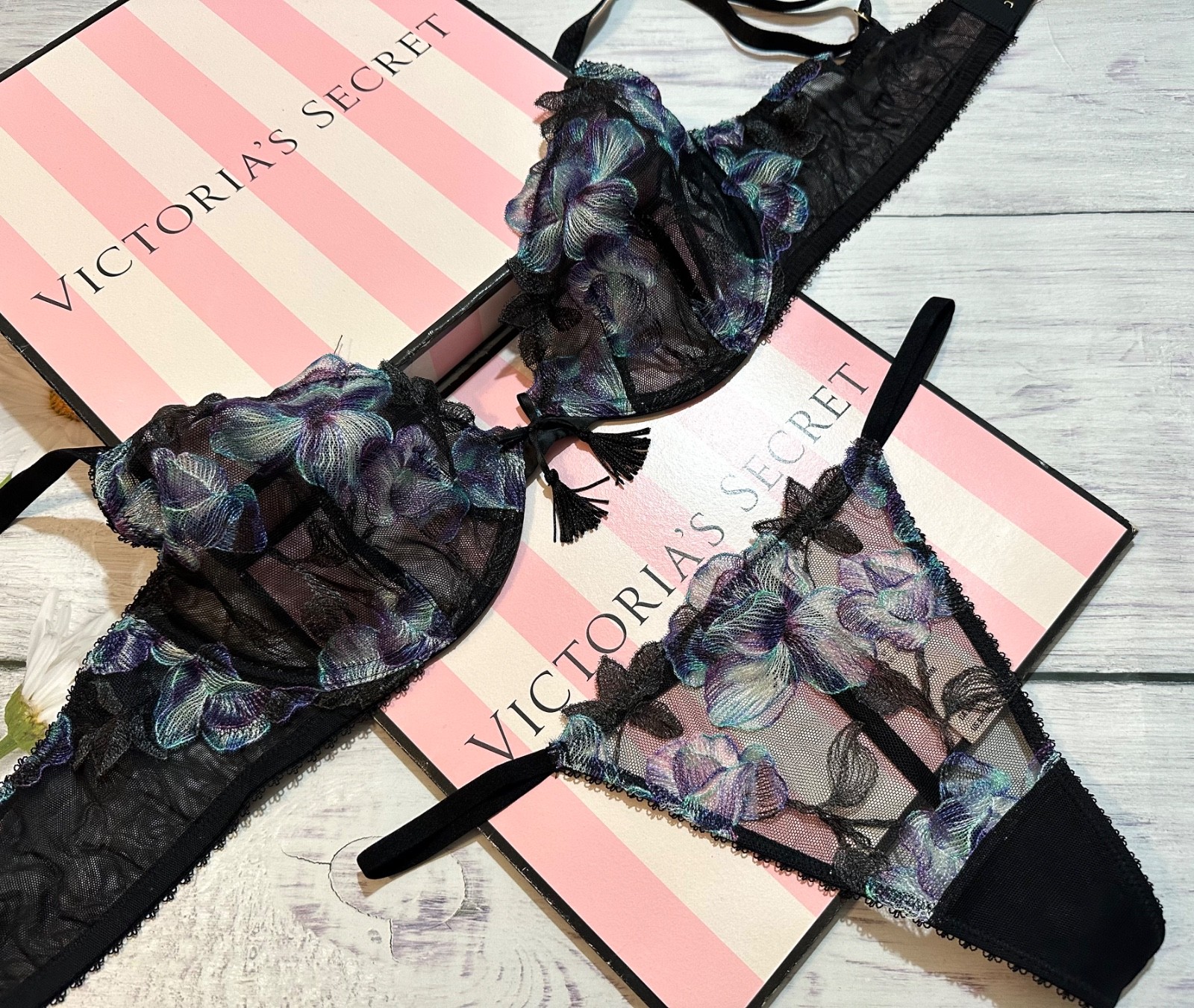 Victoria's Secret Black Electric Orchid Embroidery Unlined Demi Bra Garter Set