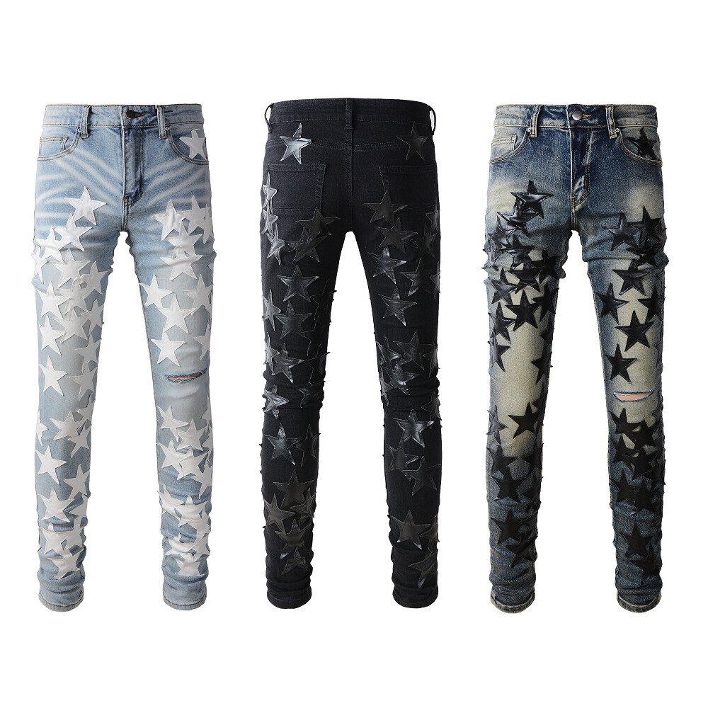 Men's Ripped STAR PU Patchwork Grunge Skinny stretch Denim Washed jeans