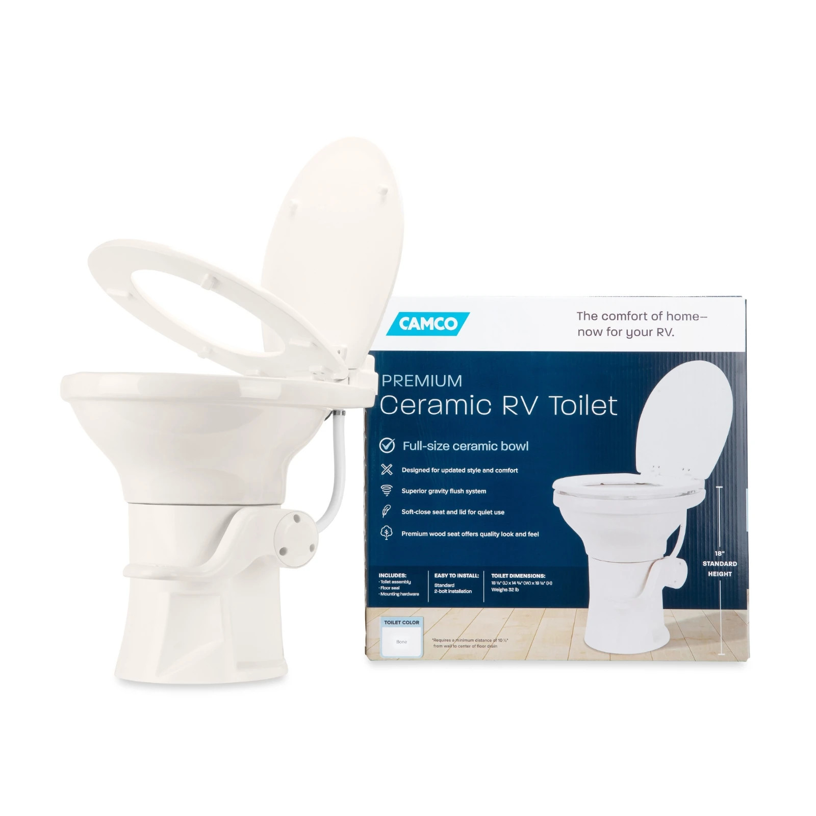Camco 41715 Premium Ceramic Gravity Toilet , Bone