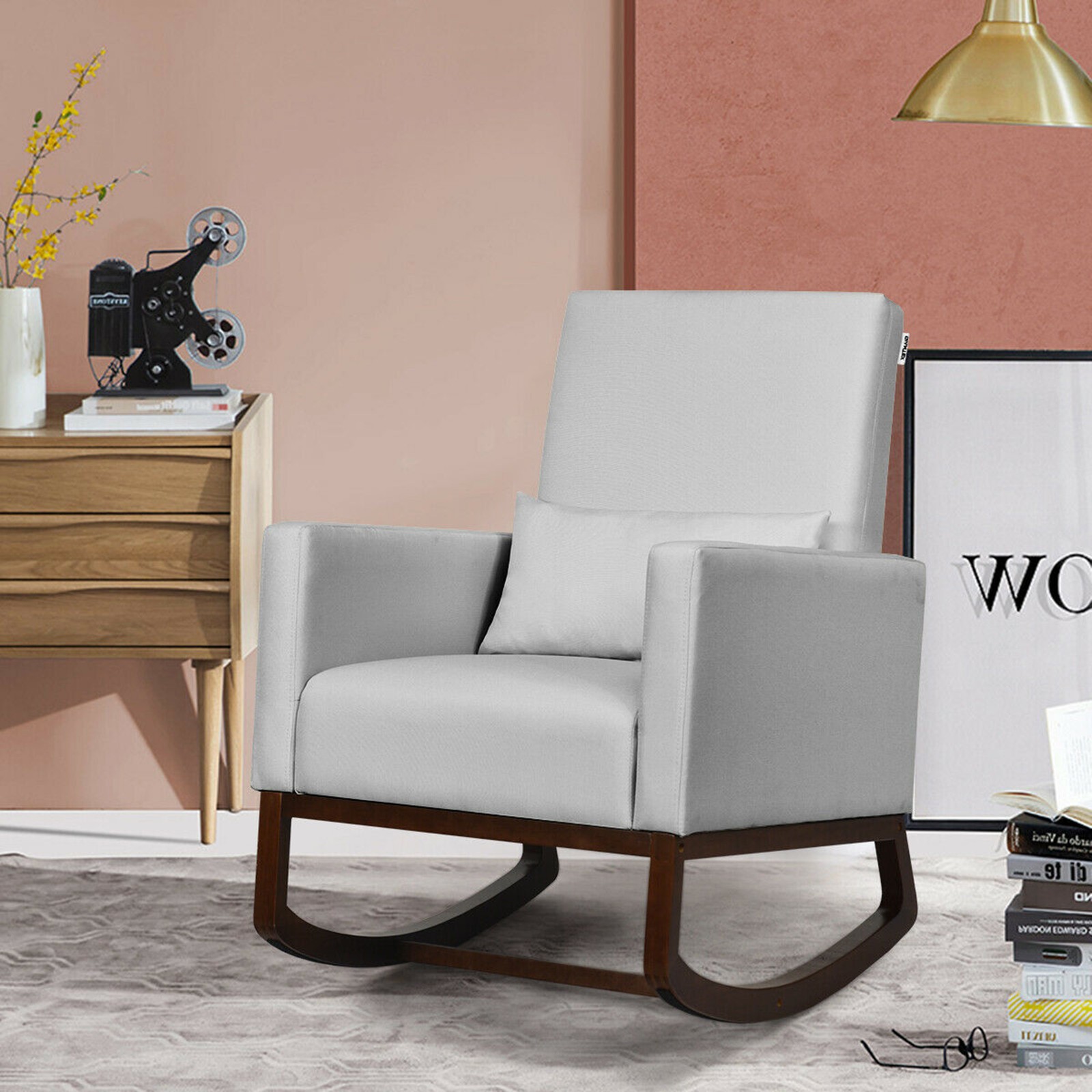 2-in-1 Fabric Upholstered Rocking Chair Nursery Armchair with Pillow Light Grey