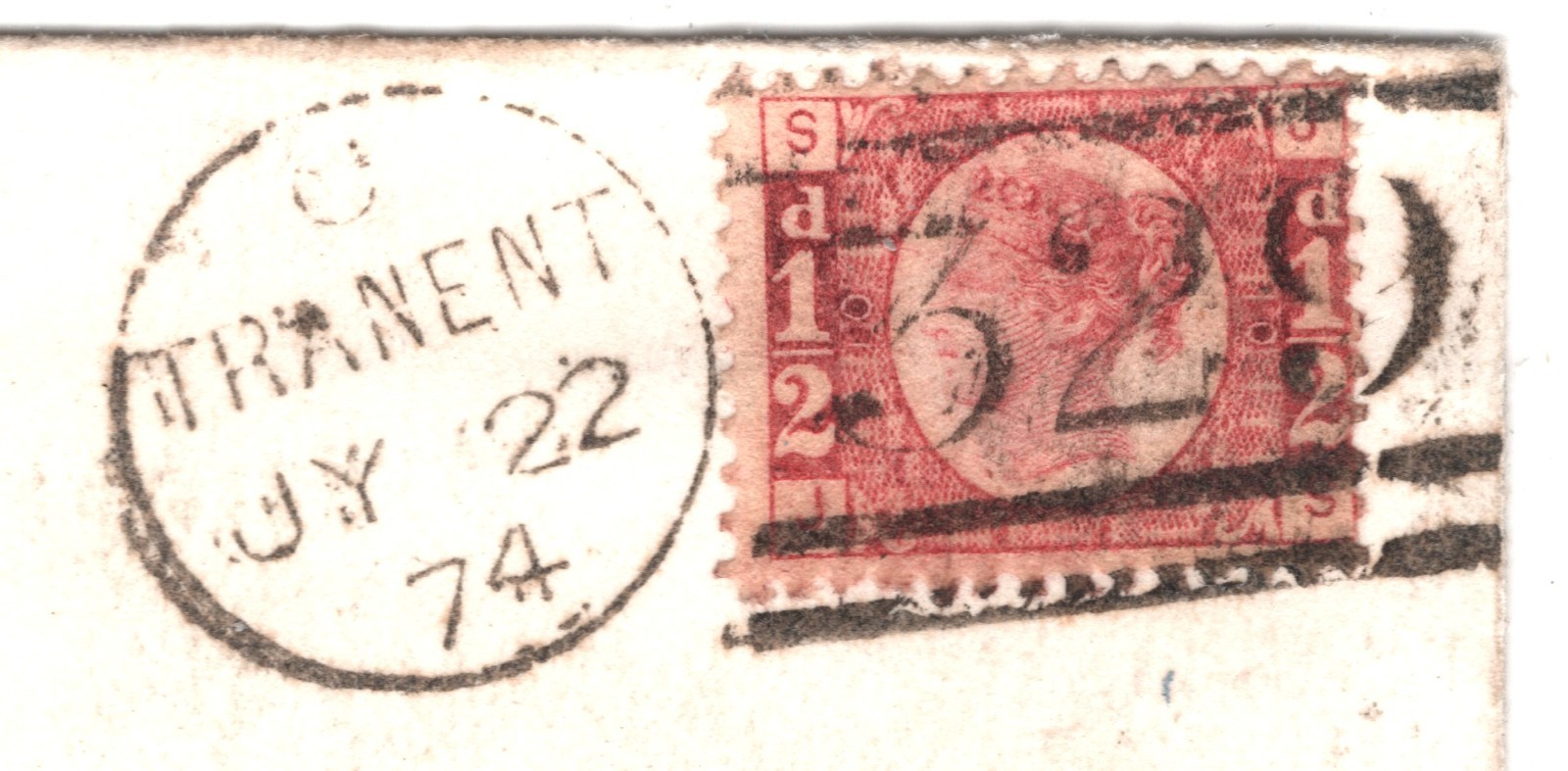 GB QV BANTAM ½d Plate 10 (JS) Cover *TRANENT* Haddington 1874 Edin Scotland XB46