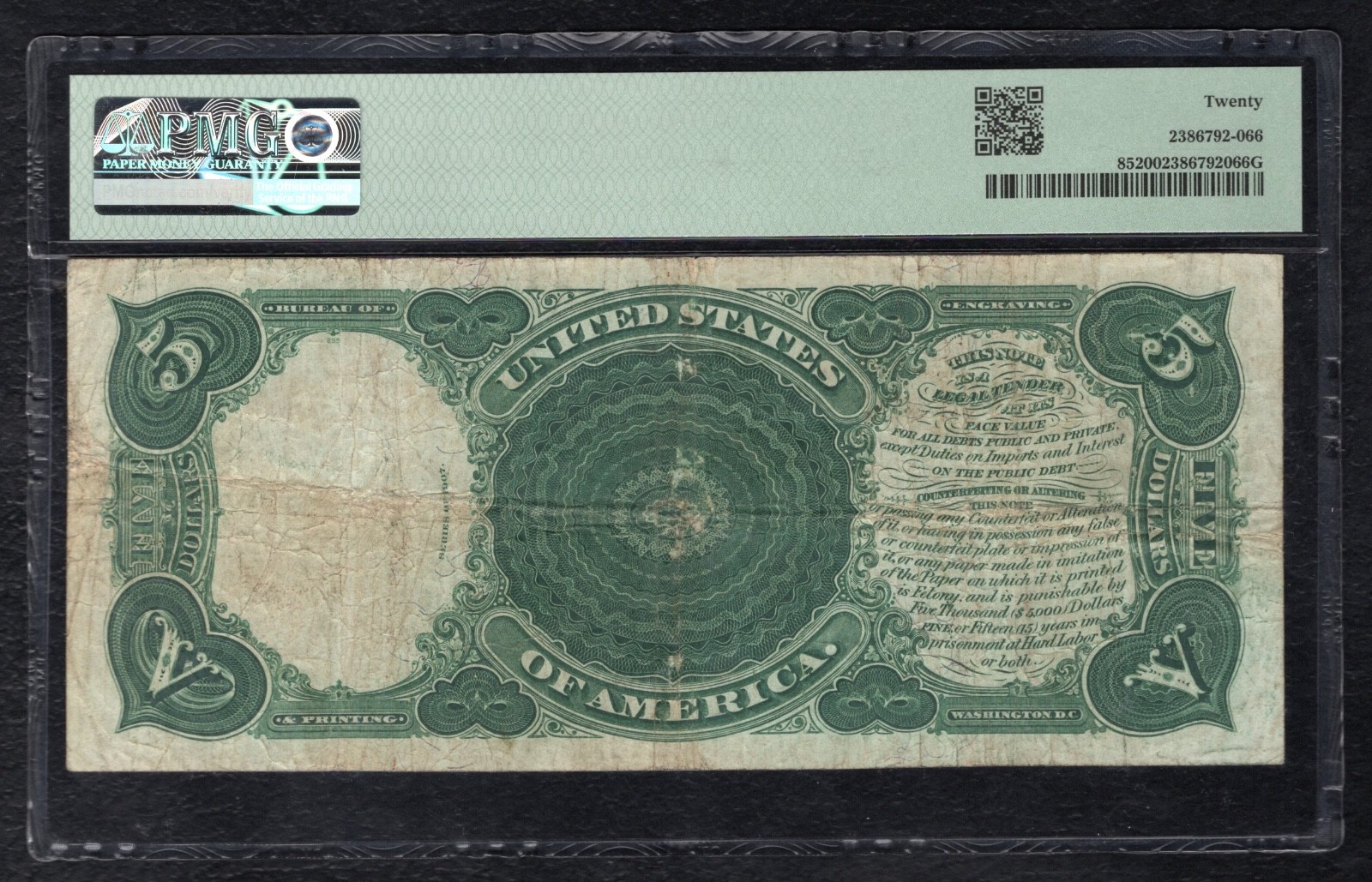 FR. 85 1907 $5 “WOODCHOPPER” LEGAL TENDER UNITED STATES NOTE PMG VERY FINE-20