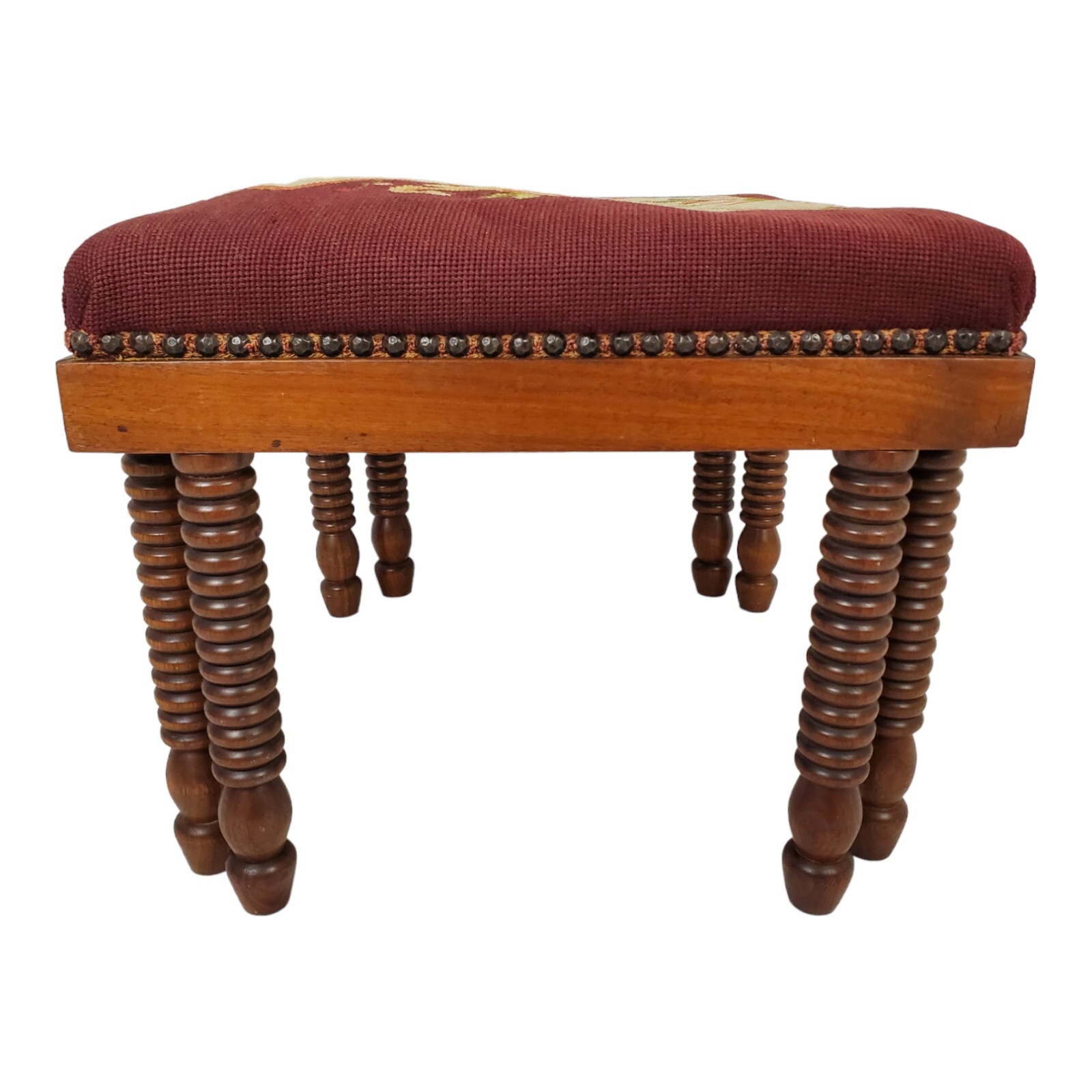 Antique Ottoman Footstool Needlepoint Top English Oak Bobbin Legs Granny Chic