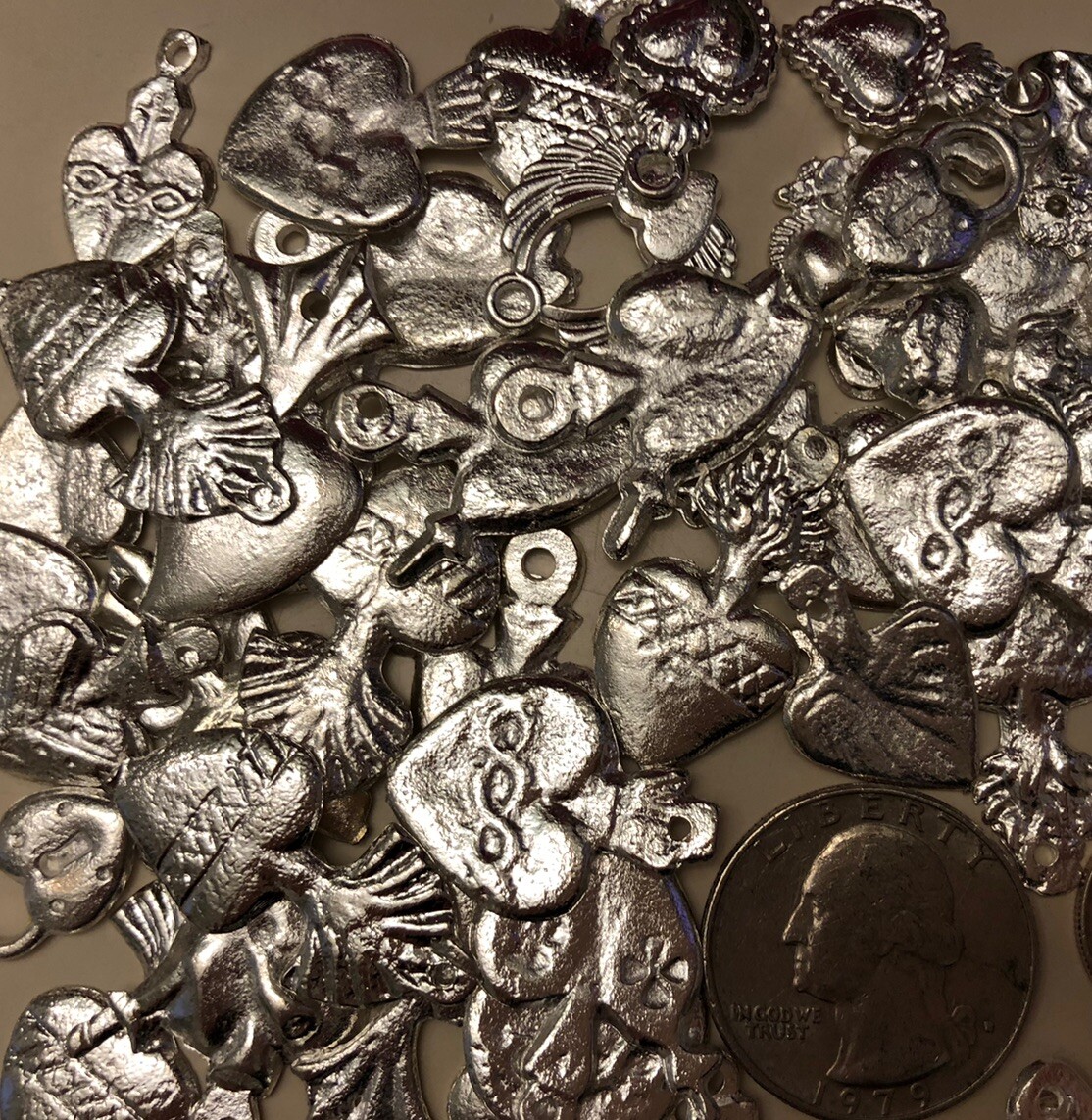 25 Milagro HEART Charms Mexican Folk Art SILVER All HEARTS Charm Lot