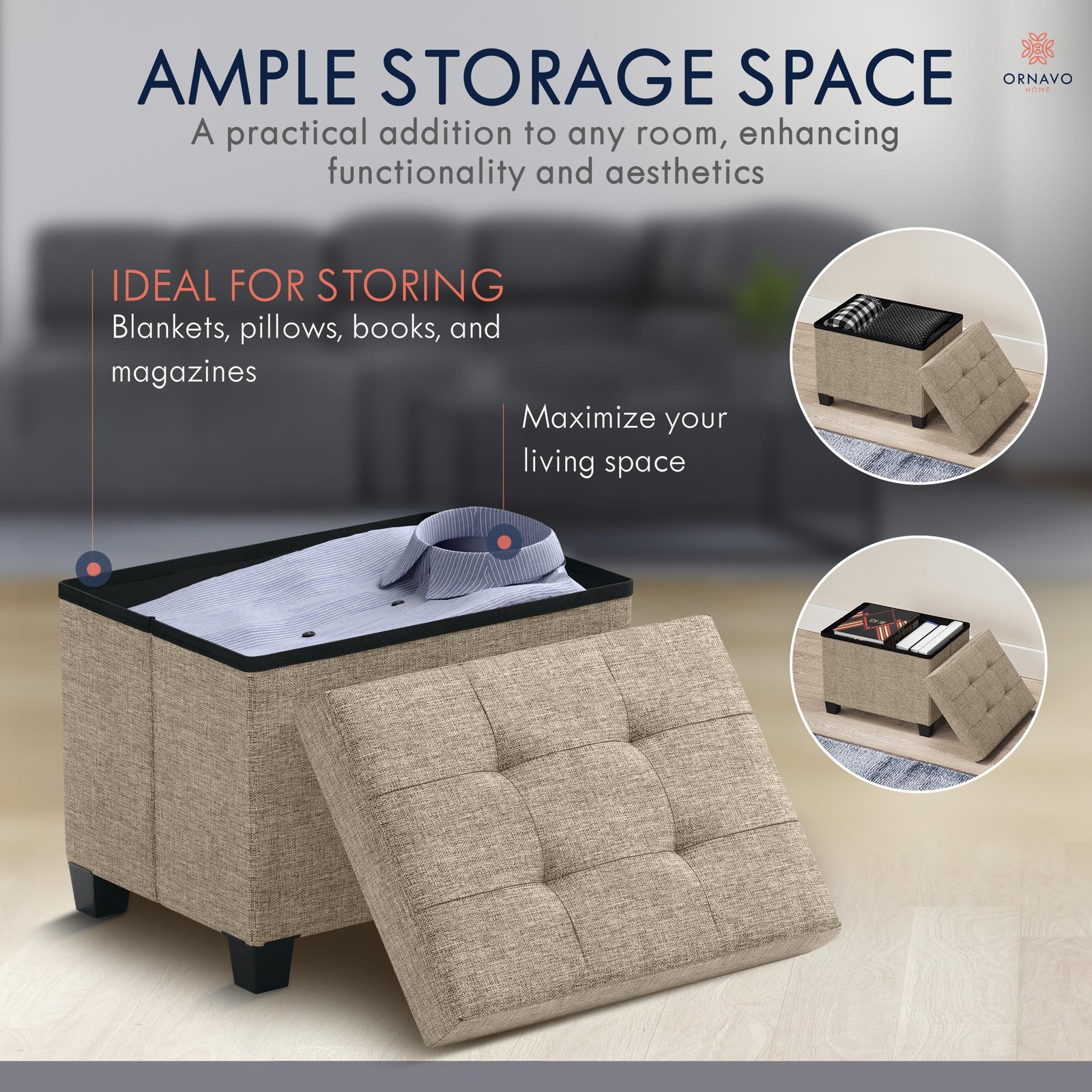 Storage Ottoman Small Rectangle Ottoman with Legs, Foot Rest Stool Seat, Load...
