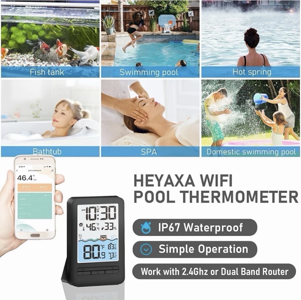 HEYAXA Wireless WiFi Pool Thermometer 4" Digital LCD Display Water Swimming Pool