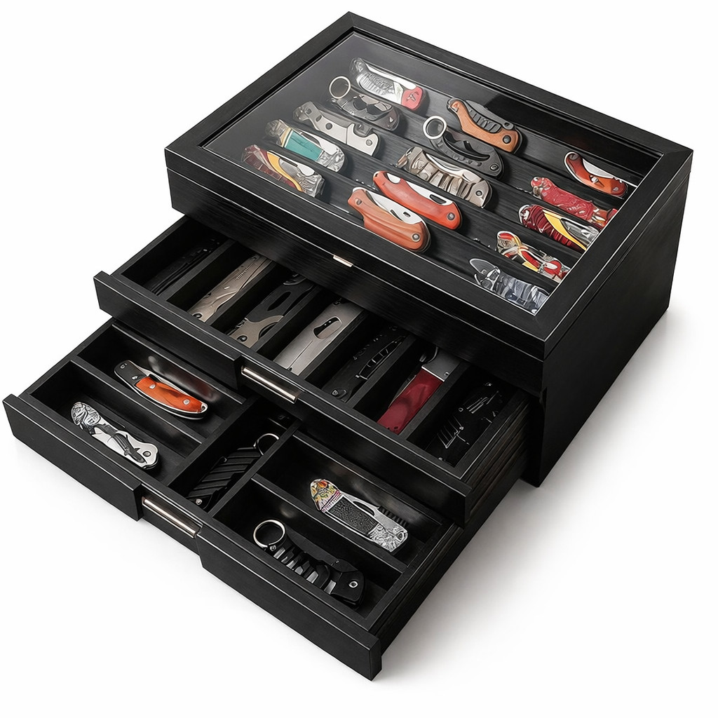 Knife Display Case 43+ Wood Black EDC Pocket Knives Watch Organizer Storage Box