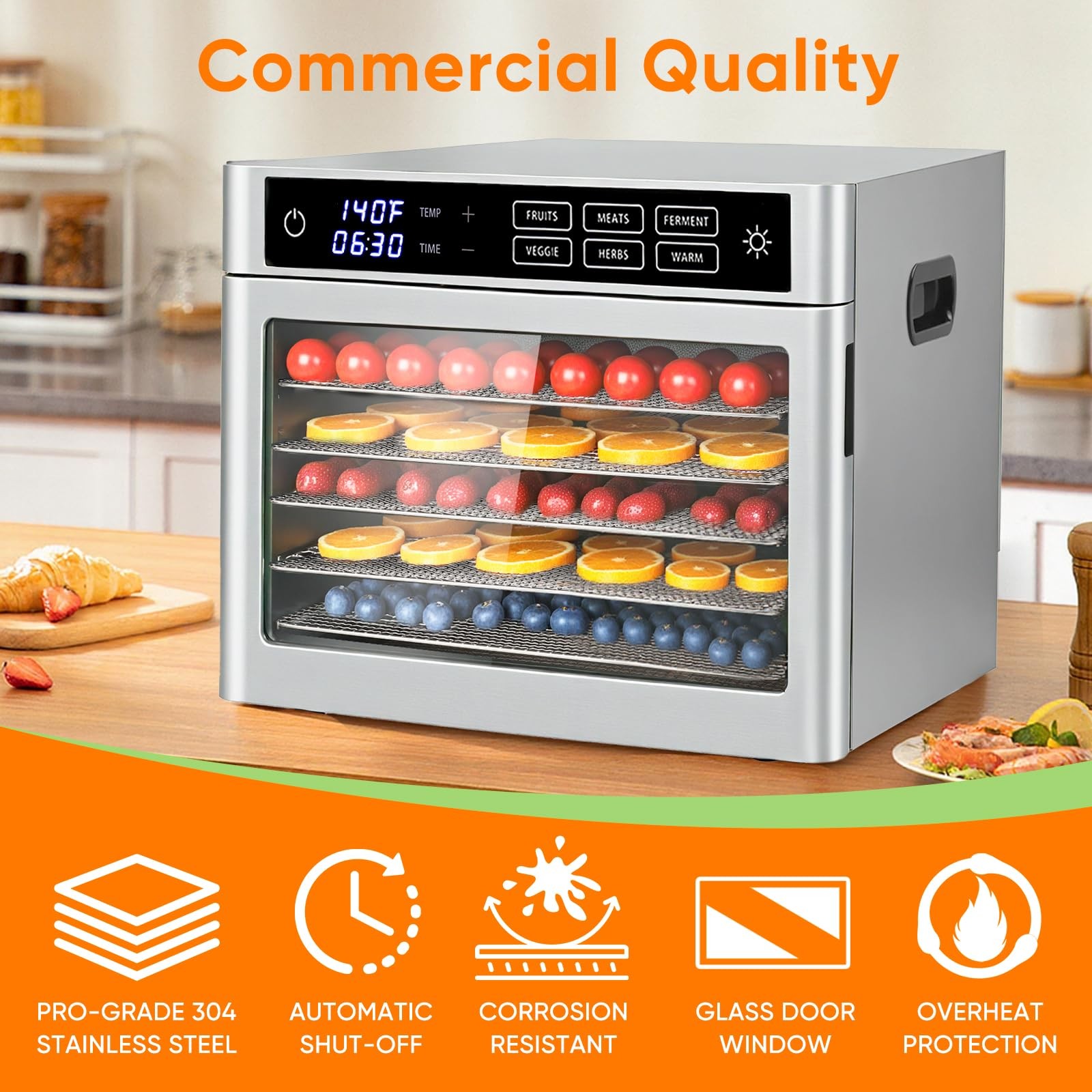 6-Tray Stainless Steel Food Dehydrator, 500W Commercial Meat Jerky Maker with...