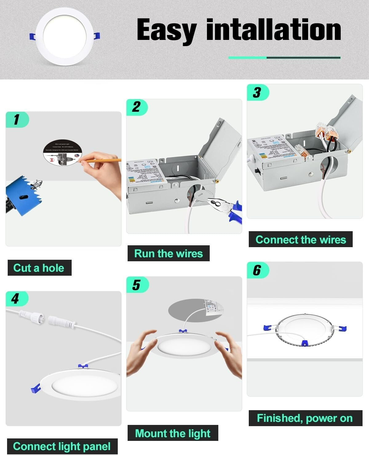 12 Pack 4 Inch 6 Inch 5CCT Ultra-Thin LED Recessed Ceiling Light Junction Box