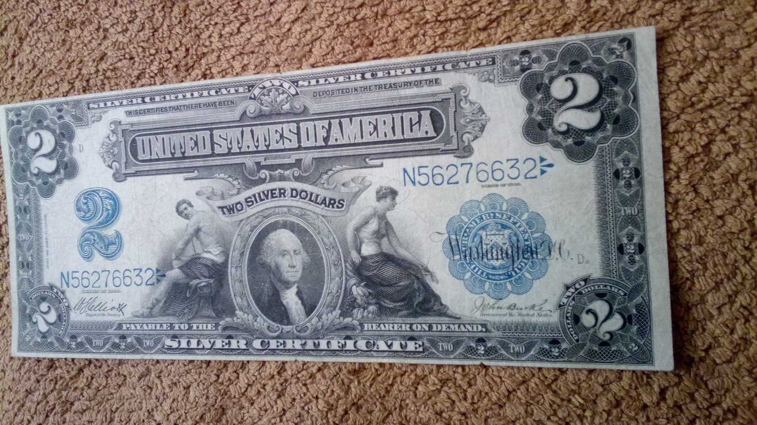 1899 $2 TWO DOLLAR SILVER CERTIFICATE NOTE (NICKNAME OF MINI PORTHOLE), VF+/VF++