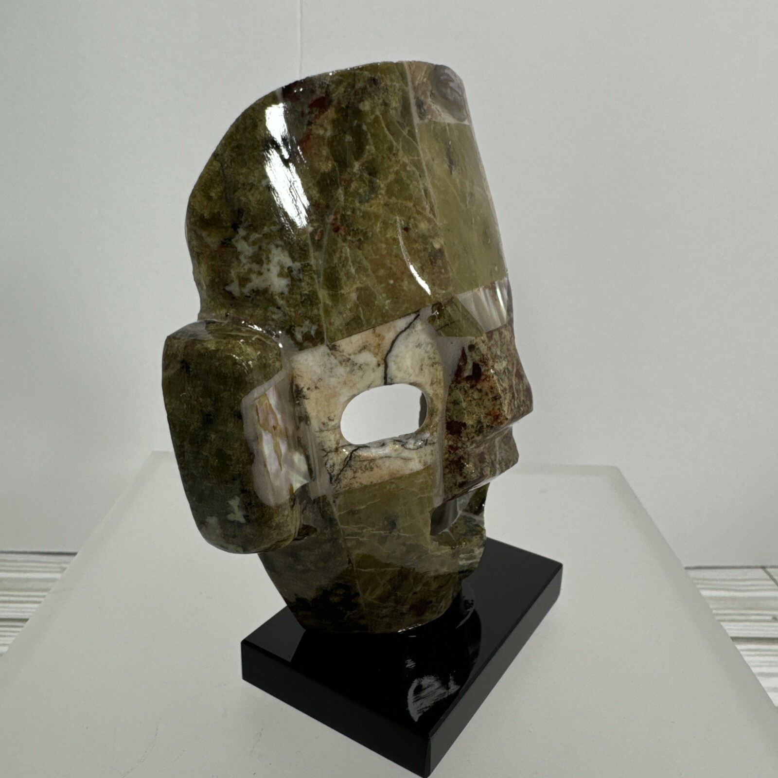 Mexican Mayan Tribal Burial Face Mask Green Stones Mixed Abalone Shell Onyx Base