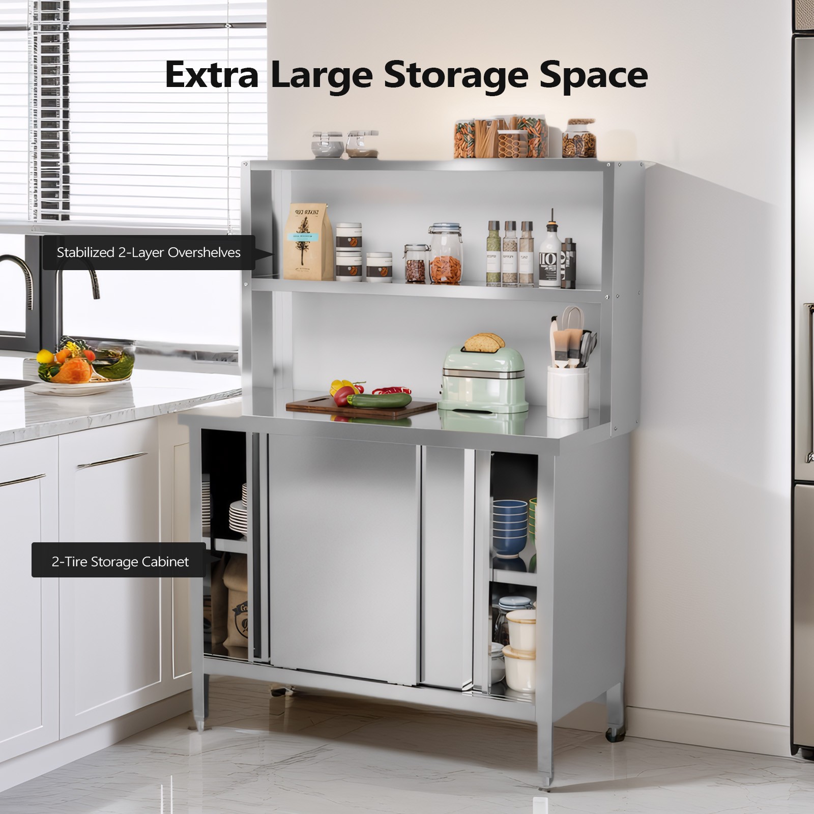 Stainless Steel Table Heavy Duty Pre Table with Overshelves and Storage Cabinet