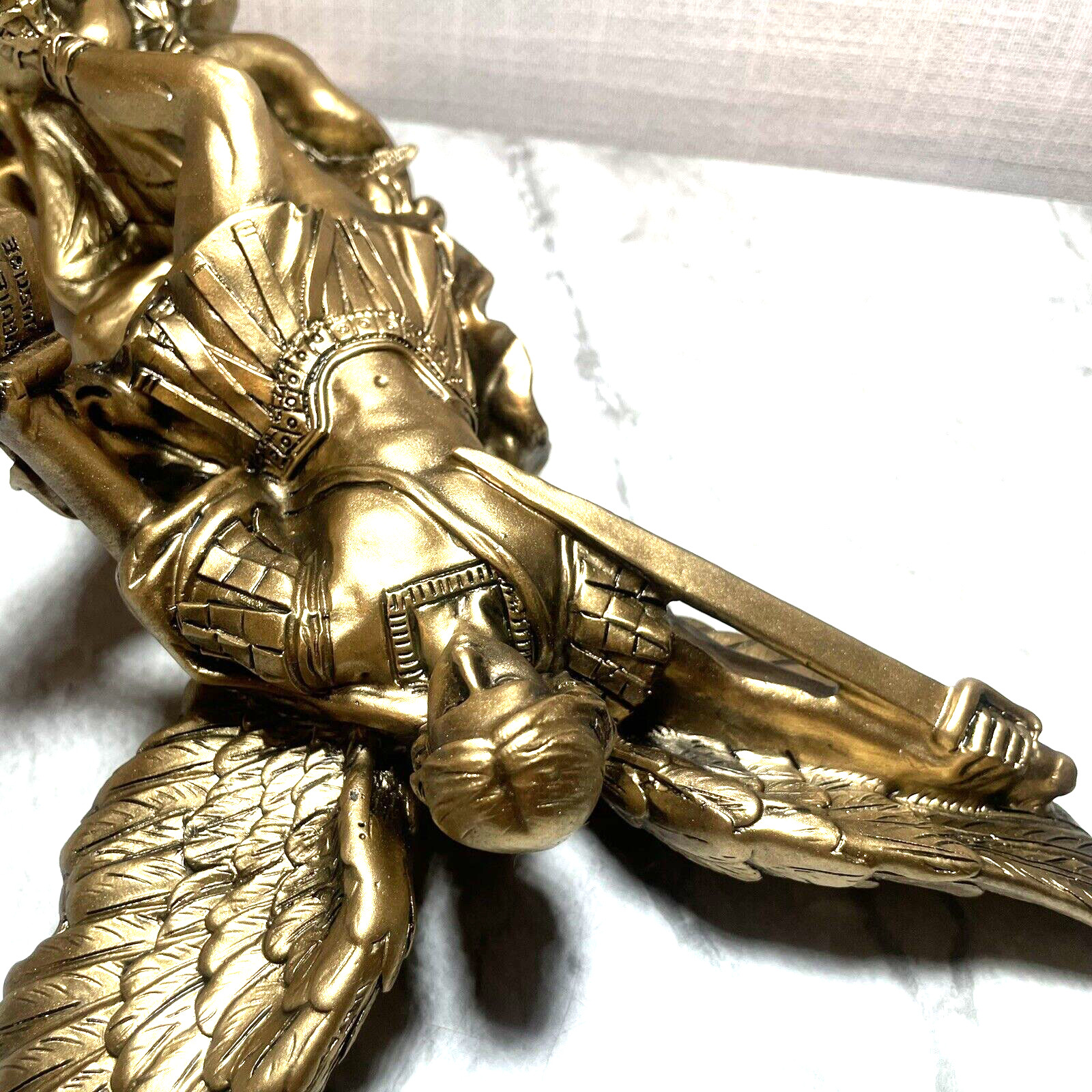 Angel Statue ARCHANGEL MICHAEL gold tone STOMPING DEMON standing SWORD book NEW