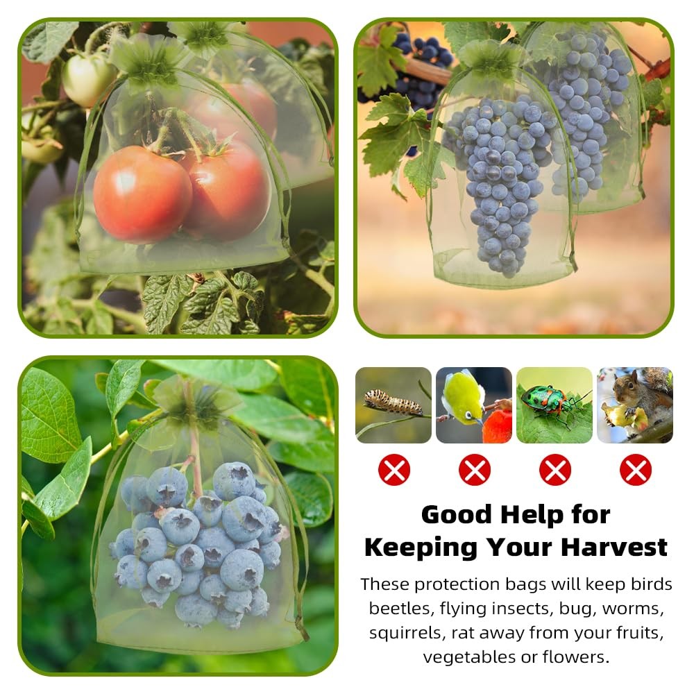 100 Pcs Fruit Protection Bags Tree Fruit Netting Mesh Bag with Drawstring