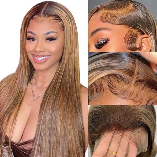 100% Human Hair Wig Ombre Highlight Straight 13X4 HD Lace Front Wigs Human Hair