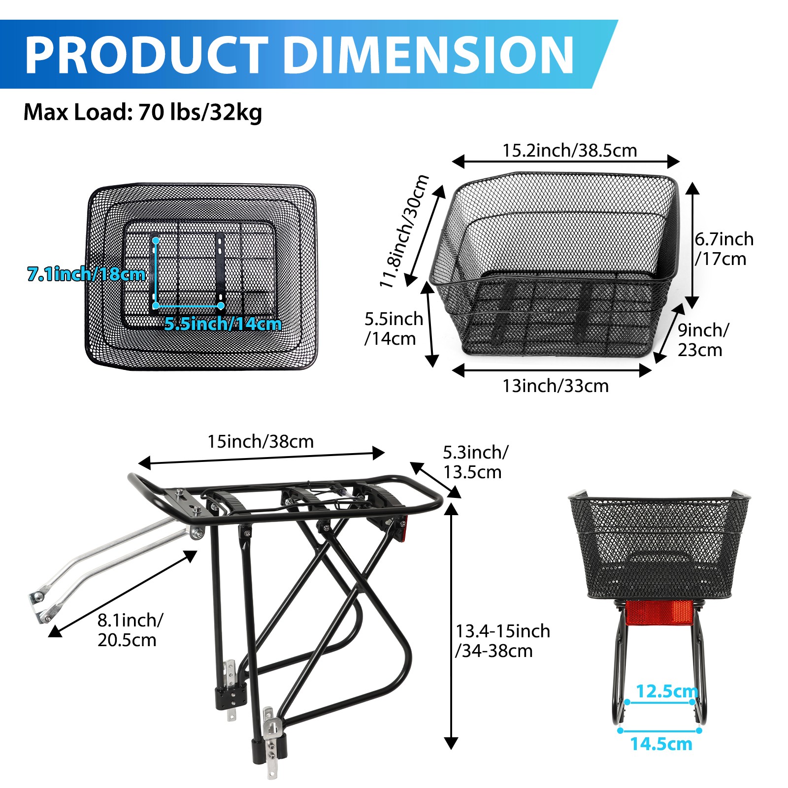 Rear Bike Rack with Basket, Aluminum Alloy Bike Back Rack, Universal Bicycle