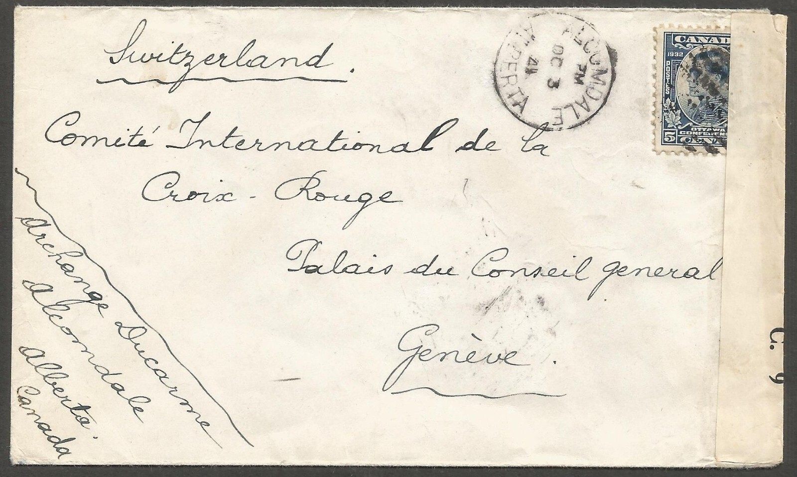 1941 Red Cross Censored Cover 5c Ottawa Con CDS Alcomdale Alberta to Switzerland