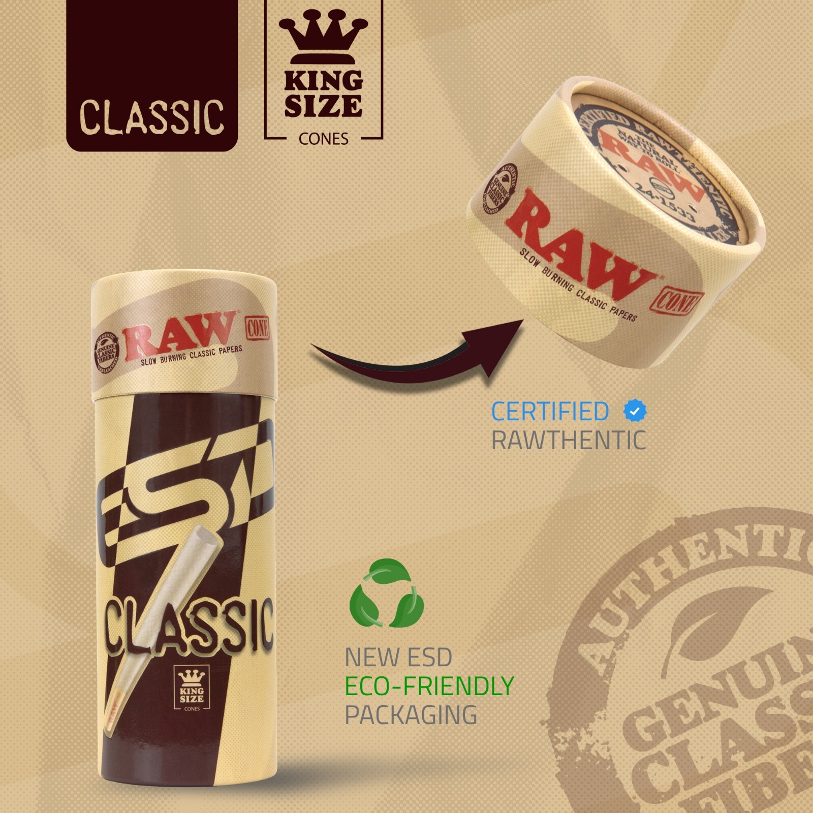 RAW Cones King Size Classic Pre-Rolled | 100 Pack | Slow Burning Rolling Papers