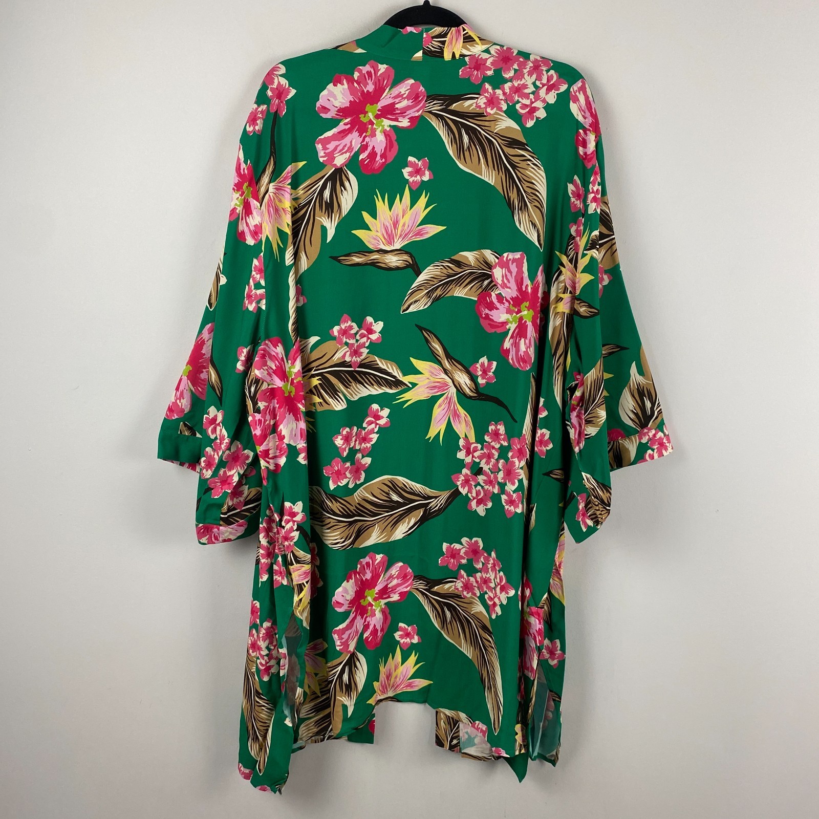 Catherines Long Kimono Cardigan Size 3X Open Front Green Floral 3/4 Sleeves