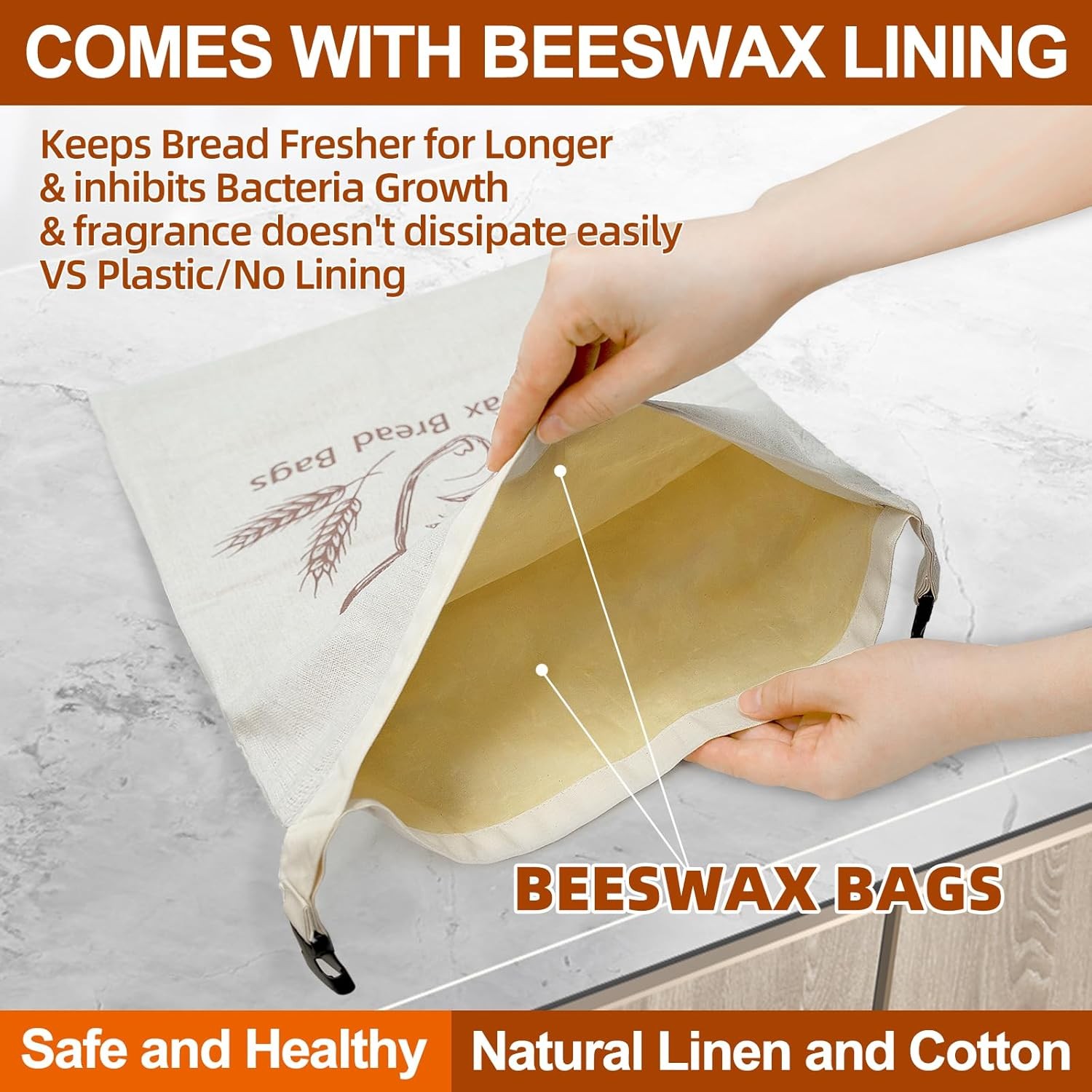 2 Pack Sourdough Beeswax Bread Bags for Homemade Bread Storage with Lining, Cott