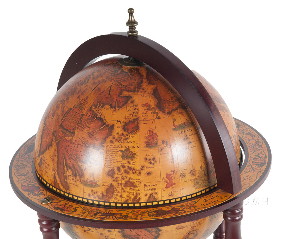 Unique Chess Board w/ Pieces Hidden in Wood Table Top Nautical Old World Globe