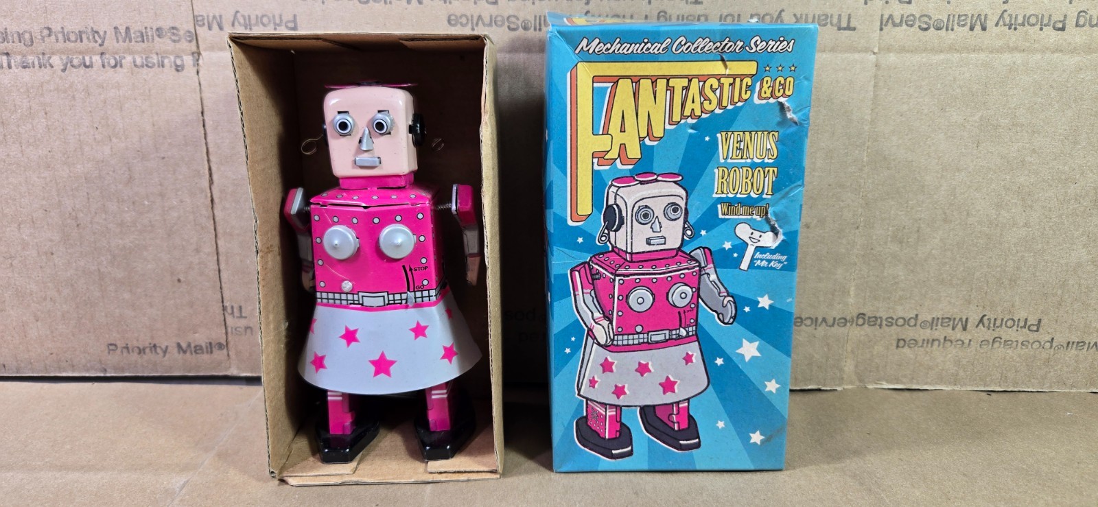 Vintage Venus Robot Ms 461 Pink Windup Tin Toy with Original Box and Key