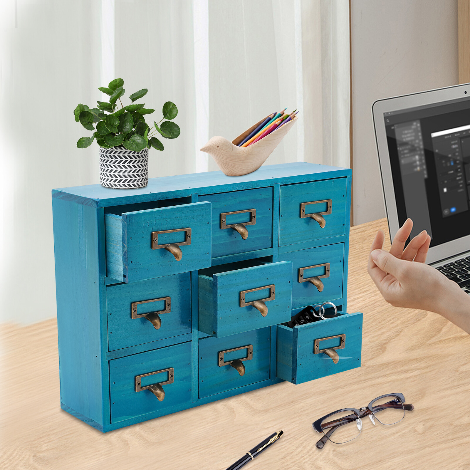 9 Drawers Apothecary Cabinet Case Wooden Desk Drawer Organizer Herb Storage Box