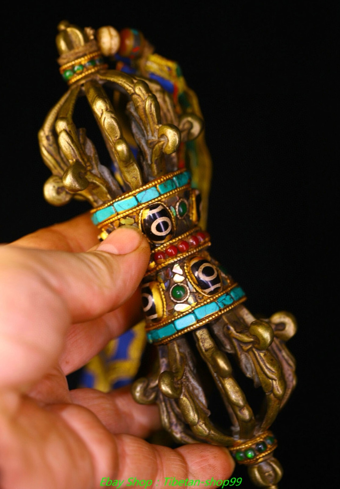 8.6''Old Tibet Bronze Painting inlay Dzi Bead Dorje Vajra Bell & Holder Faqi