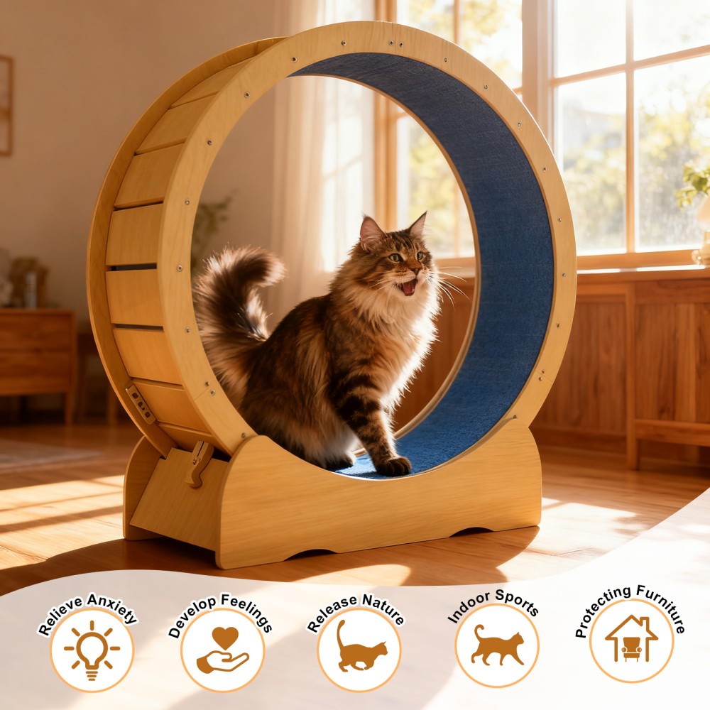 42" Cat Exercise Wheel - Solid Wood Treadmill with Detachable Carpet for Cats