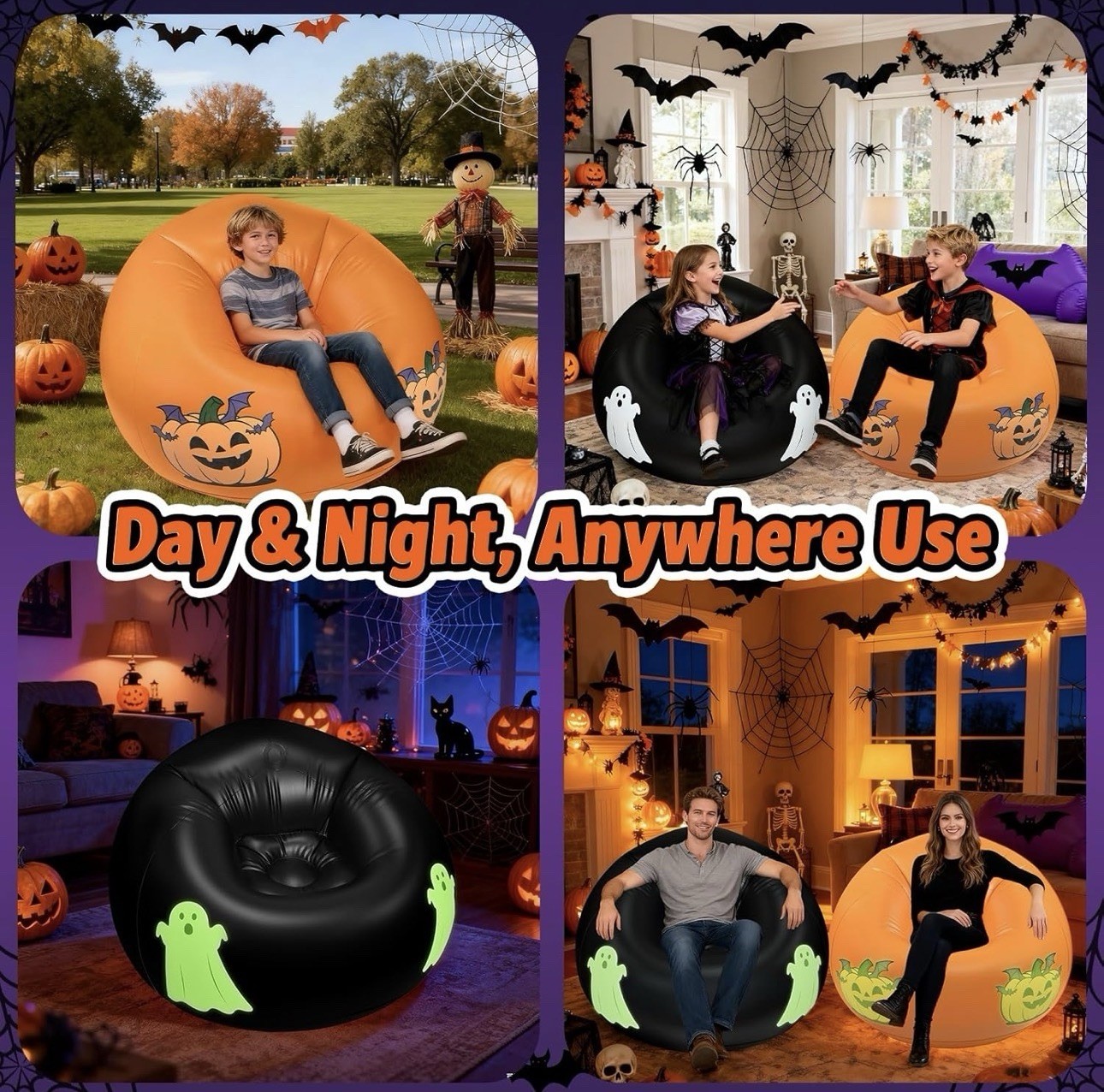 Inflatable Bean Bag Chair Sofa for with Pumpkin Pattern Glow in The Dark, Blo...