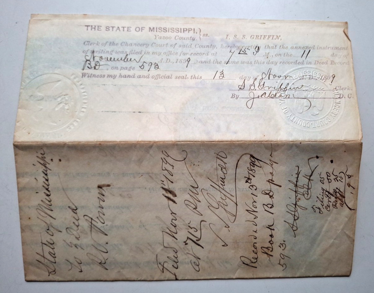 1899 Yazoo County Mississippi Forfeited Land Document Signed by Gov A J McLaurin