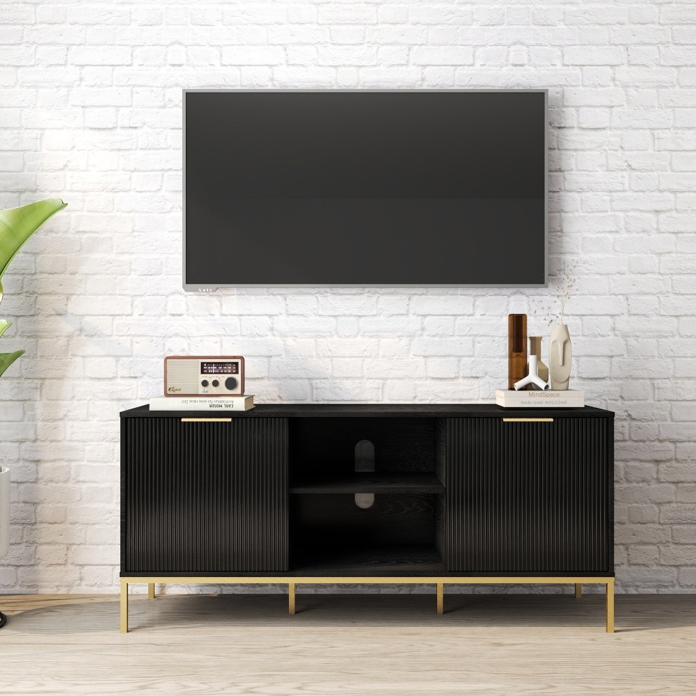 Mid Century Modern TV Stand w Wave Doors Gold Legs Soft Close