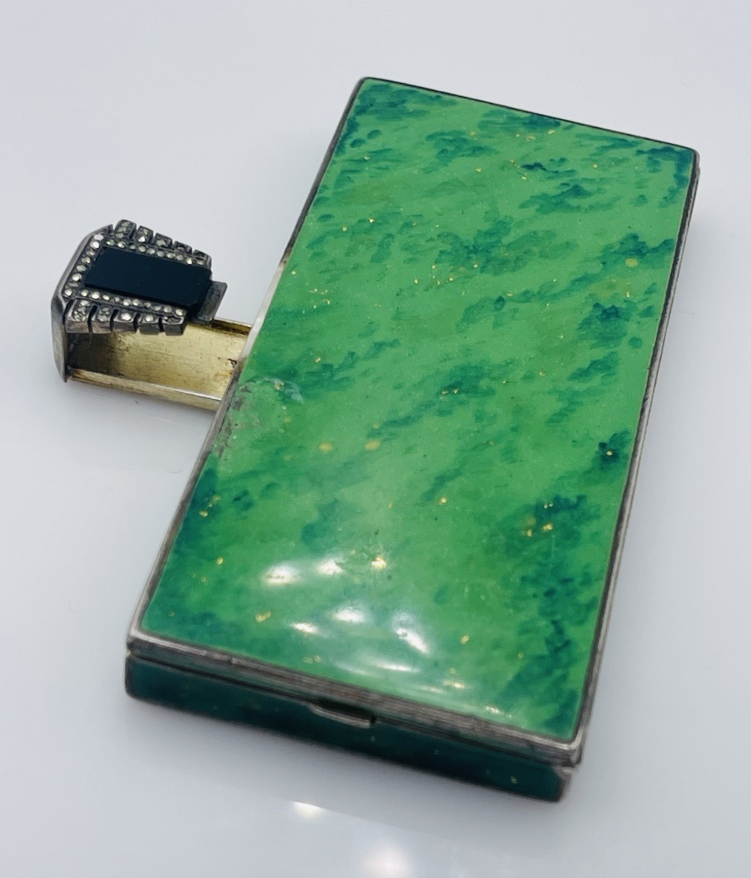 Antique Sterling Silver Green Enamel Rectangular Double Compartment Compact