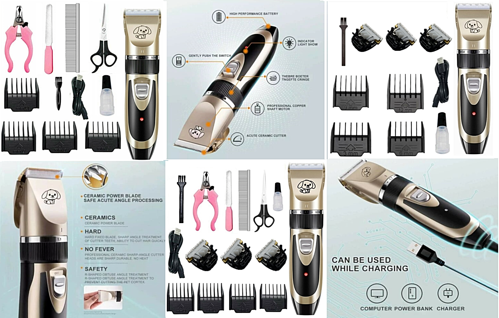 Dog Cat Pet Grooming Kit Rechargeable Cordless Electric Hair Clipper Trimmer Set
