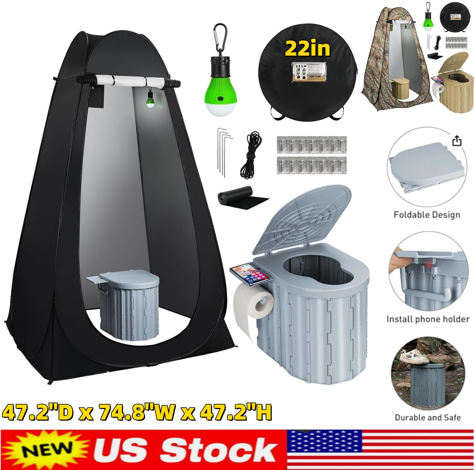 Portable Camping Toilet with Pop-Up Privacy Tent Outdoor Folding Camp Bathroom