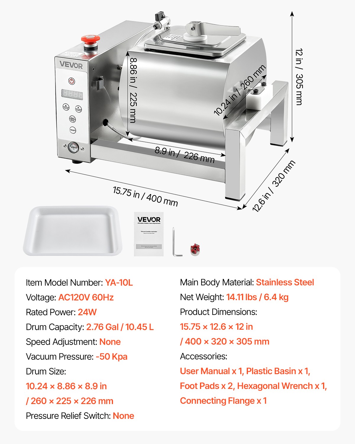 VEVOR Vacuum Meat Tumbler Marinator Machine 10L for Chicken Steak Fish Stainless