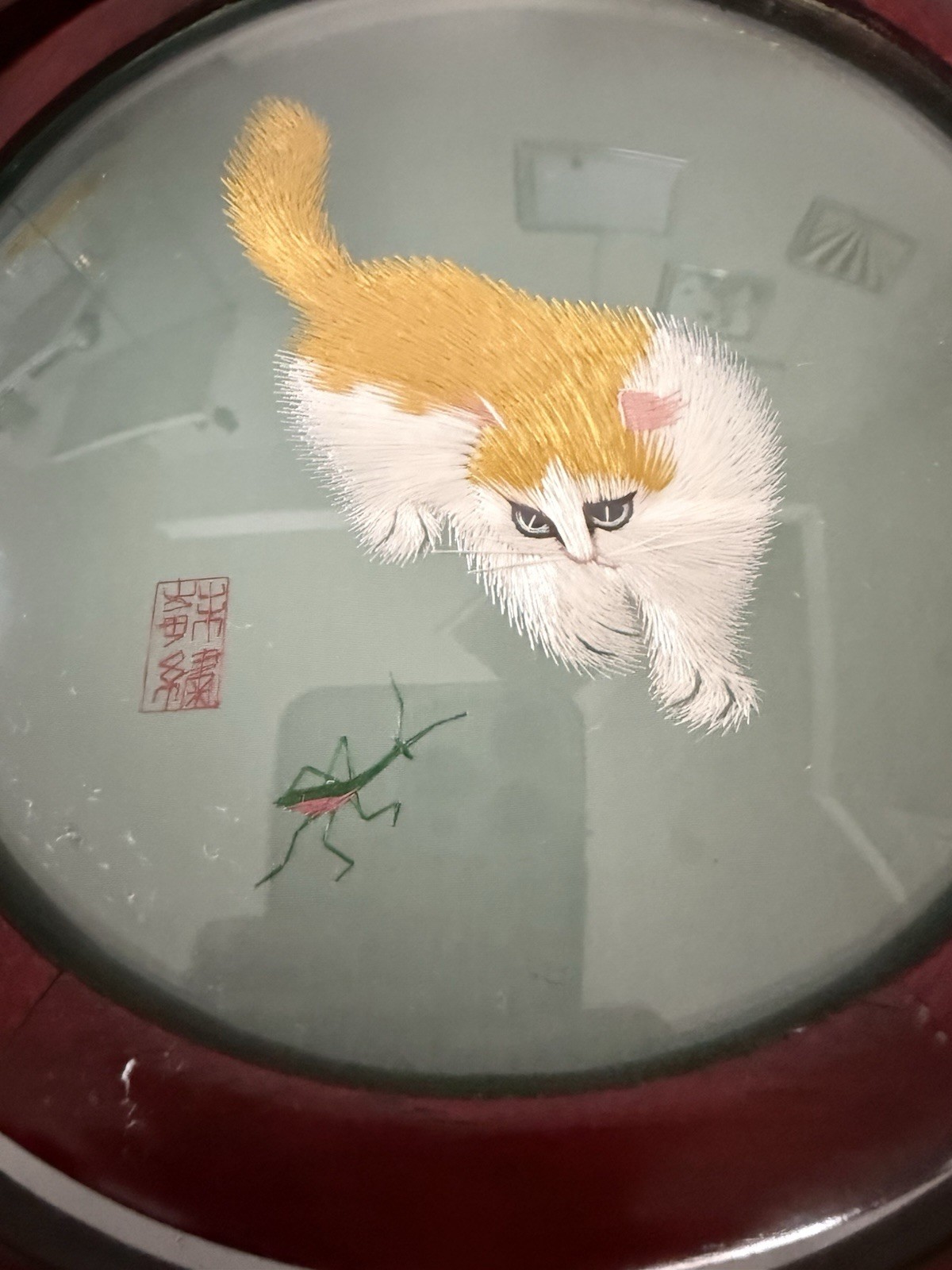 VTG Asian Cat & Mantis Double Sided Silk Embroidery Screen Rotating Wood Frame