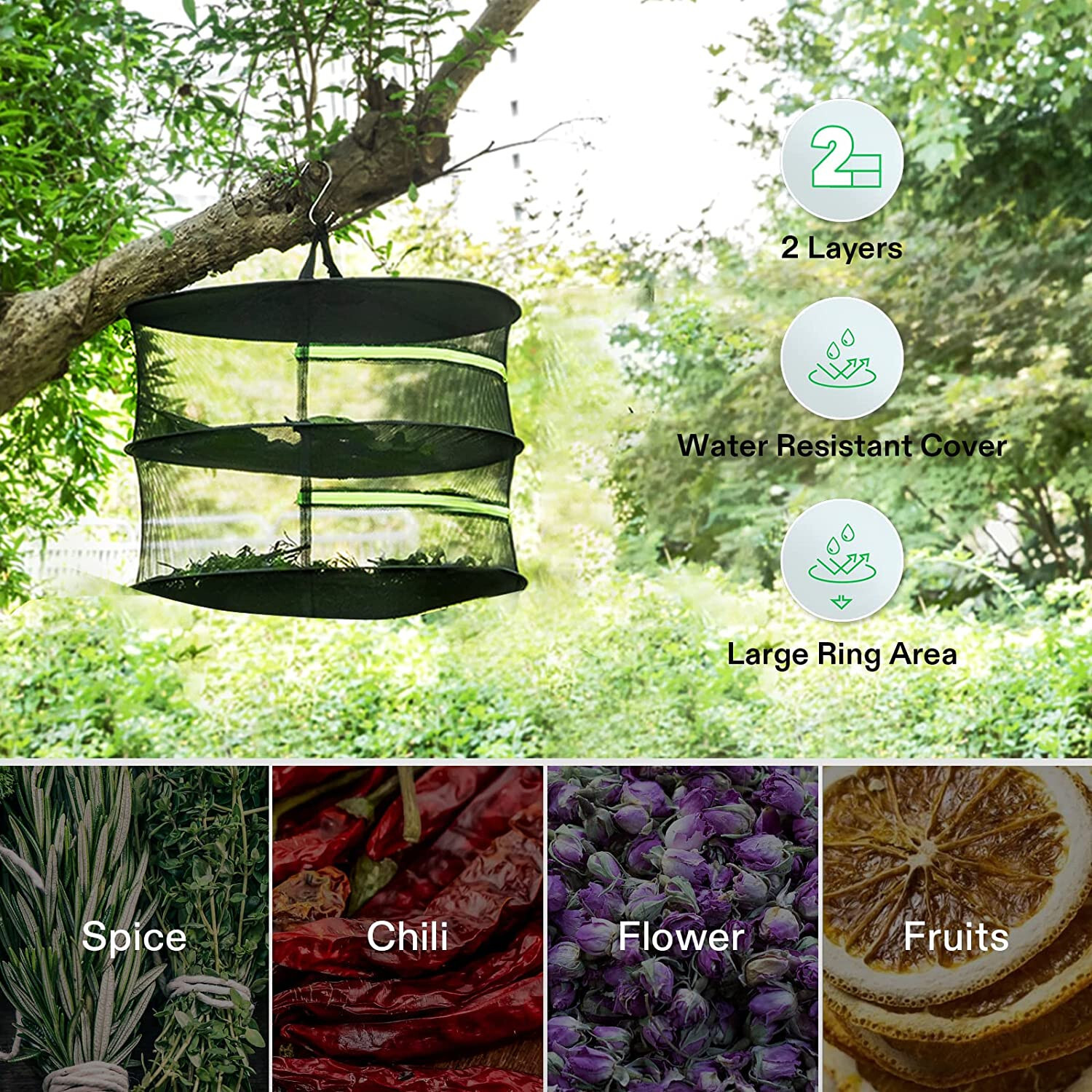 2ft 2-Layer Hanging Herb Mesh Rack Foldable Drying Net with Zippers