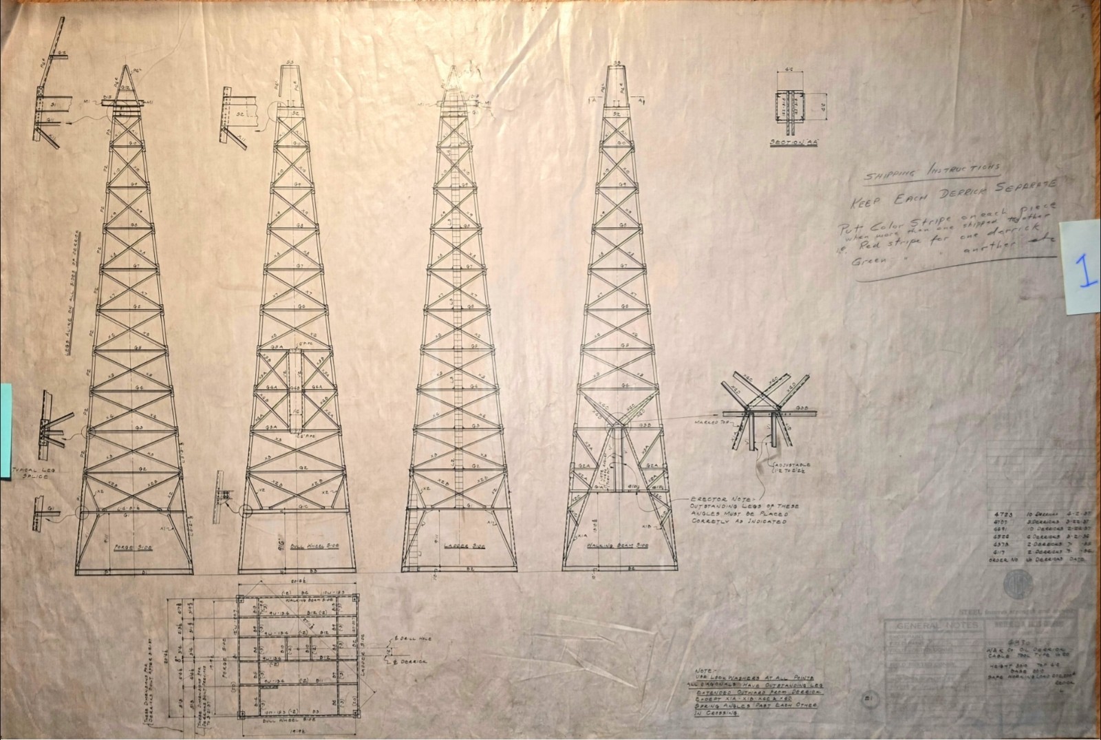 Original  1930's Industrial OIL DERRICK Technical drawings, Diazo/Blueprint LOT