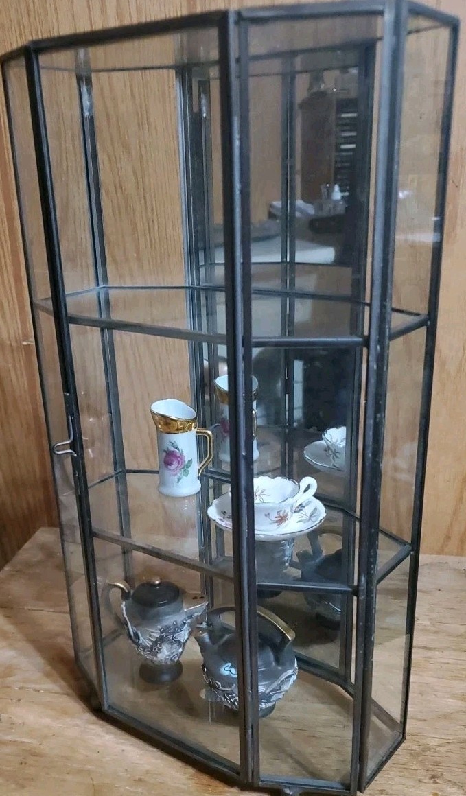 Vtg Brass Glass Hexagonal Curio Display Cabinet Showcase 2 Shelves Door