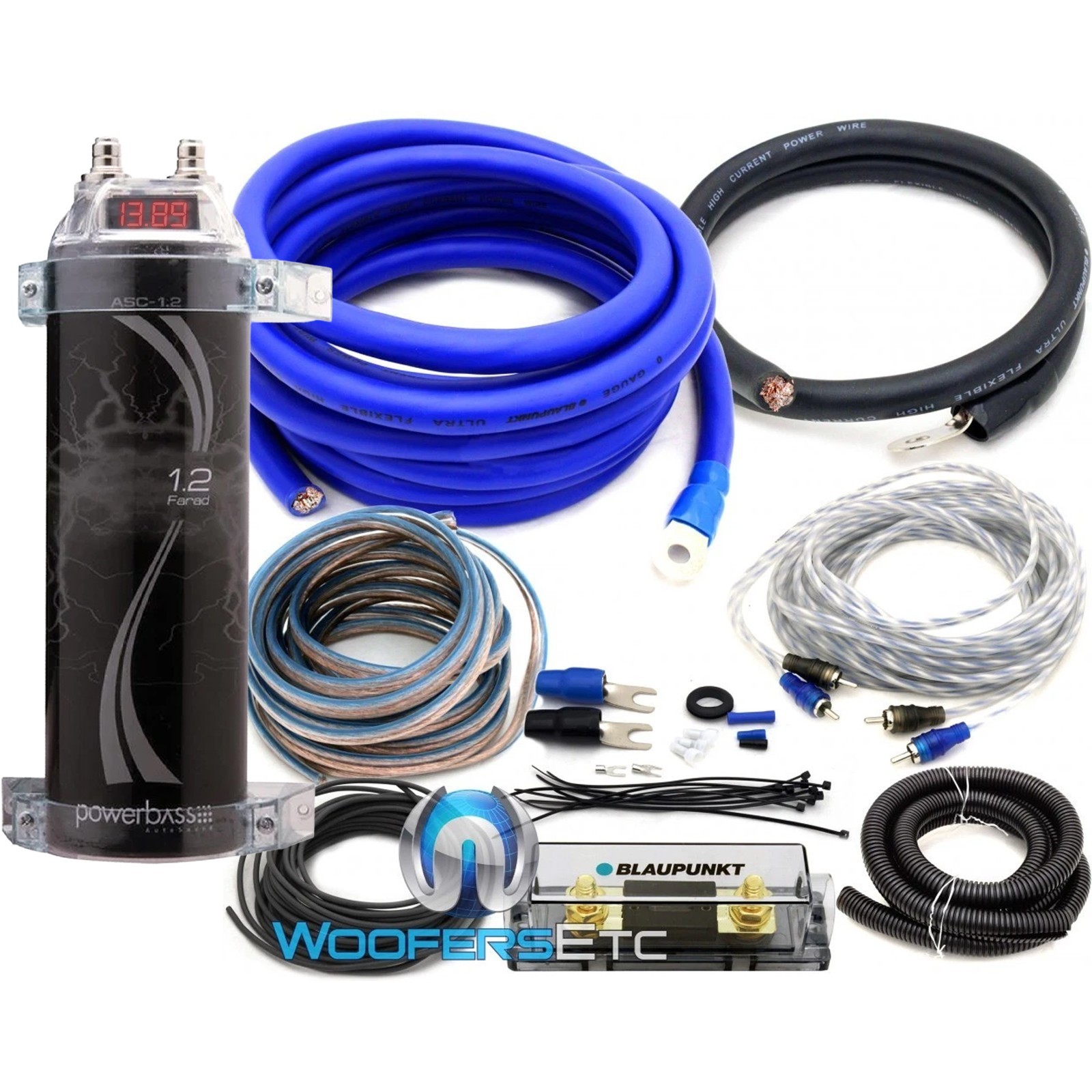 pkg POWER BASS ASC1.2 DIGITAL VOLTAGE FARAD 1.2 CAPACITOR + 0 GAUGE WIRE AMP KIT