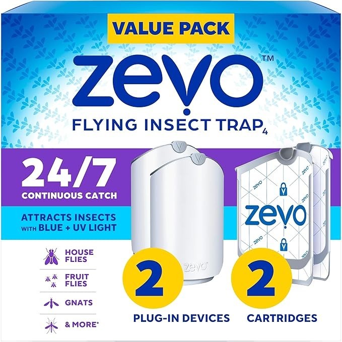 Zevo Flying Insect Trap Starter Kit - 2 Plug-in Bases + 2 Refill Cartridges-UV