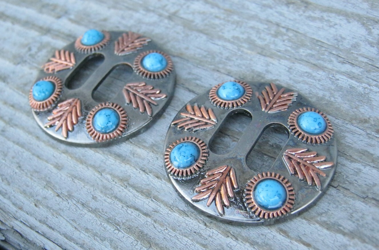 Feathered Turquoise Slotted Concho Copper Feathers 1-1/2" Set of 2