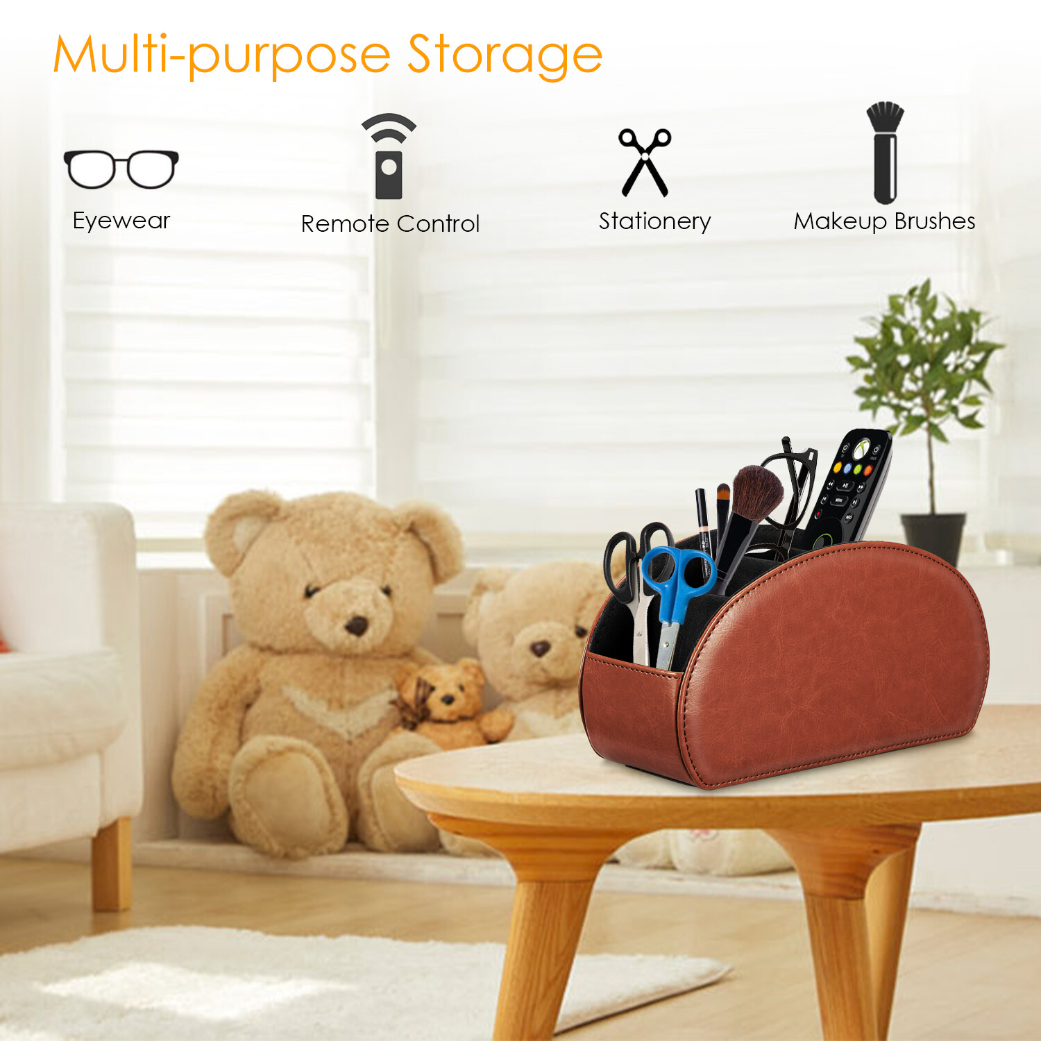 TV Remote Control Holder Leather Caddy Office Desktop Organizer 5 Compartments