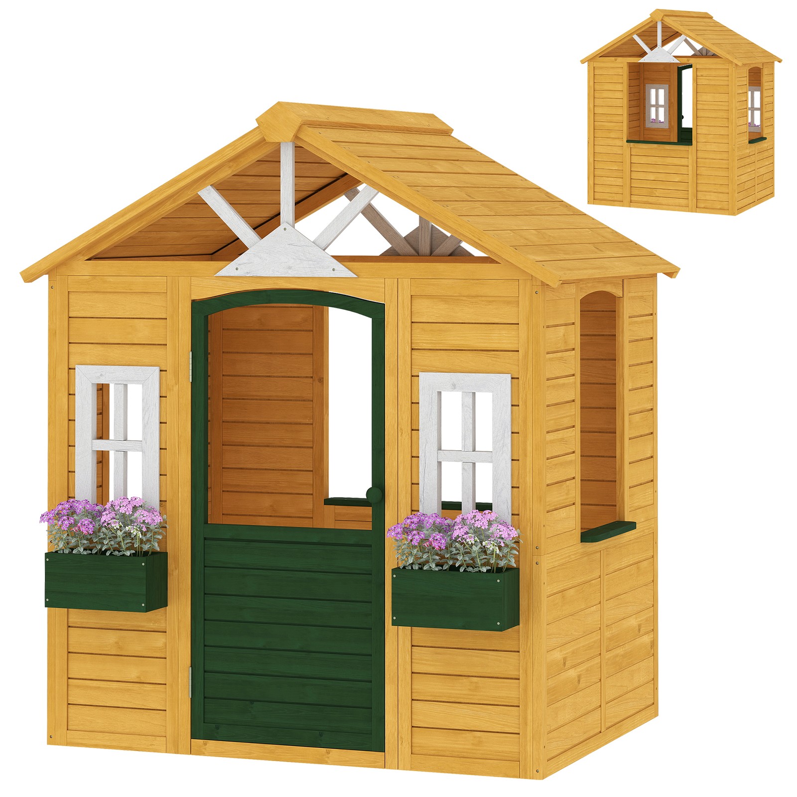 Qaba Outdoor Playhouse, Wooden Kids Playhouse with Door, 2 Flower Boxes