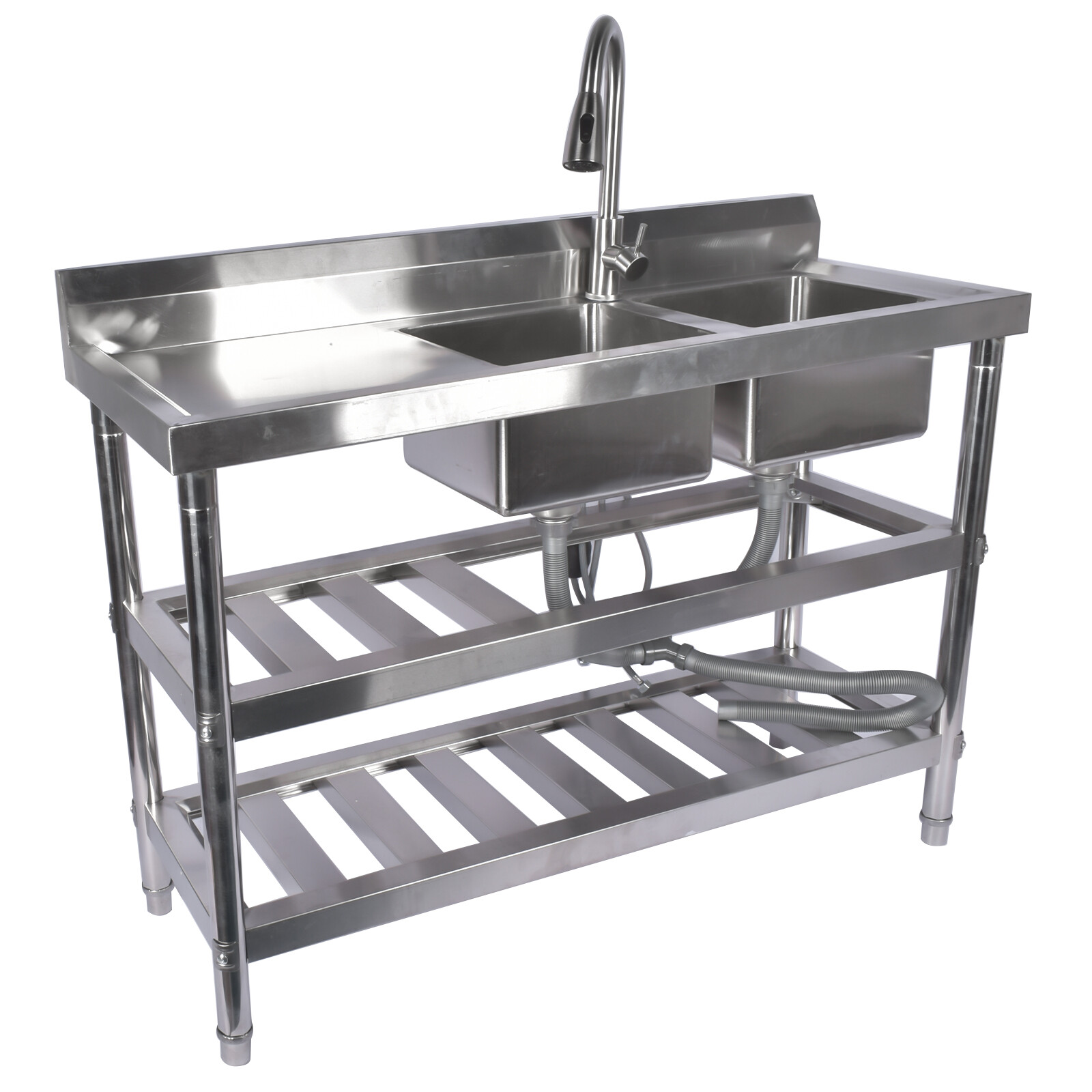 47.2" Stainless Steel Double Bowl Utility Sink with Pull-Out Faucet & Drainboard