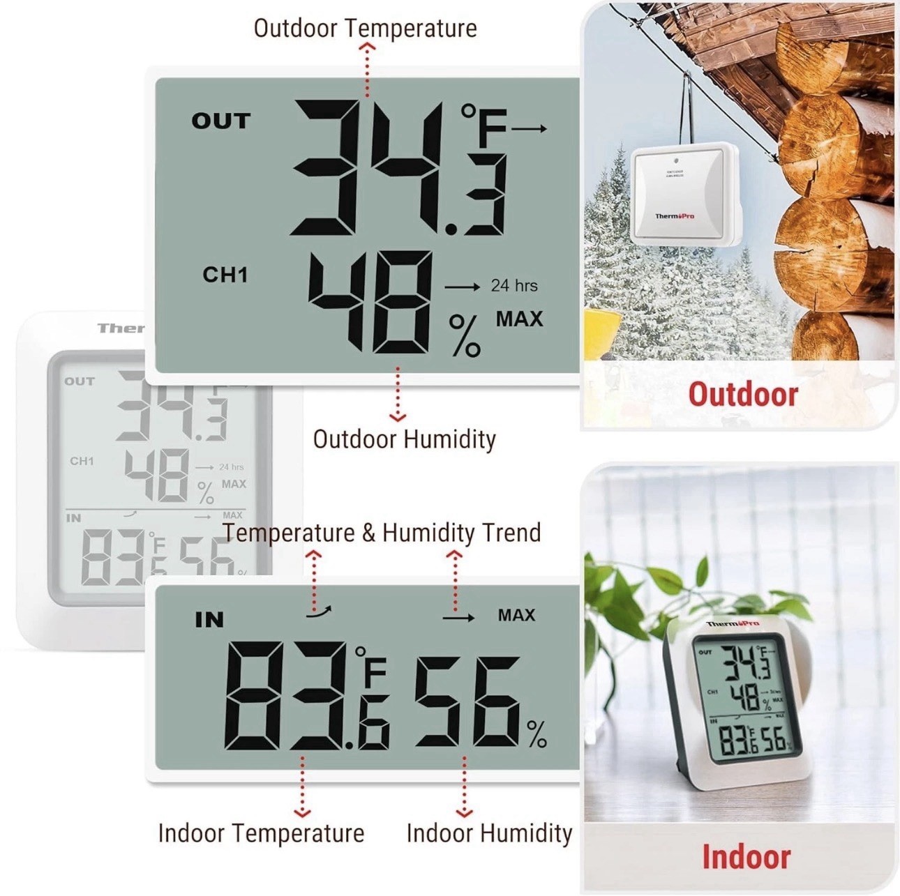 Thermopro TP60 Digital Hygrometer Indoor Outdoor Thermometer Wireless 500F Range