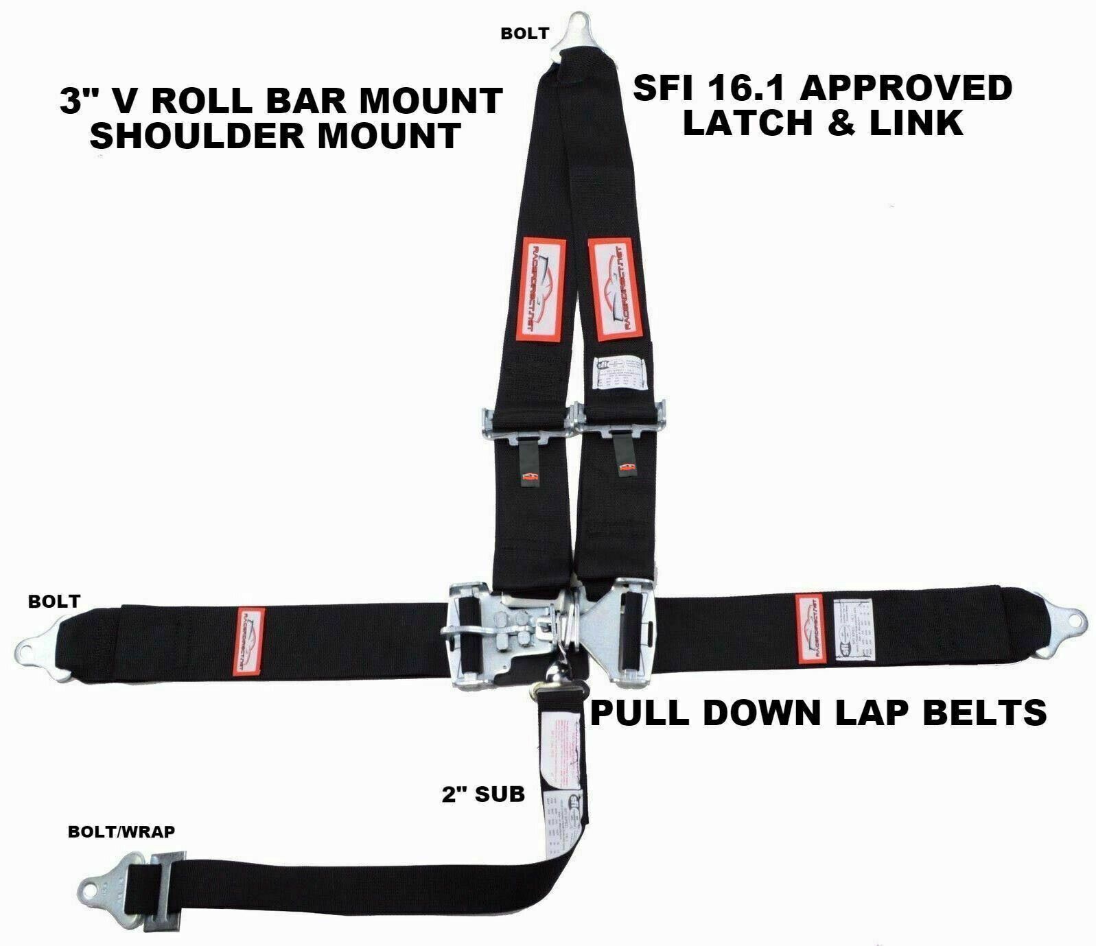 BLACK RACE CAR SEAT BELT RACING HARNESS SFI 16.1 MADE IN THE U.S,A.