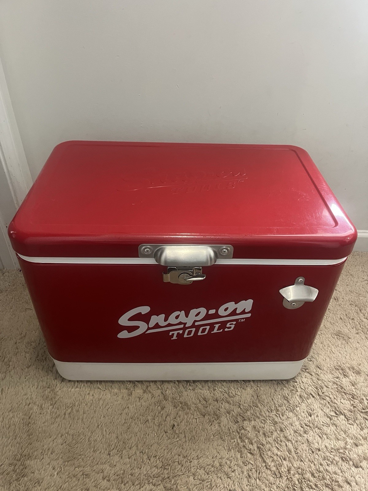 Snap-on Ice Chest Cooler Red & White Metal Plastic with Bottle Opener