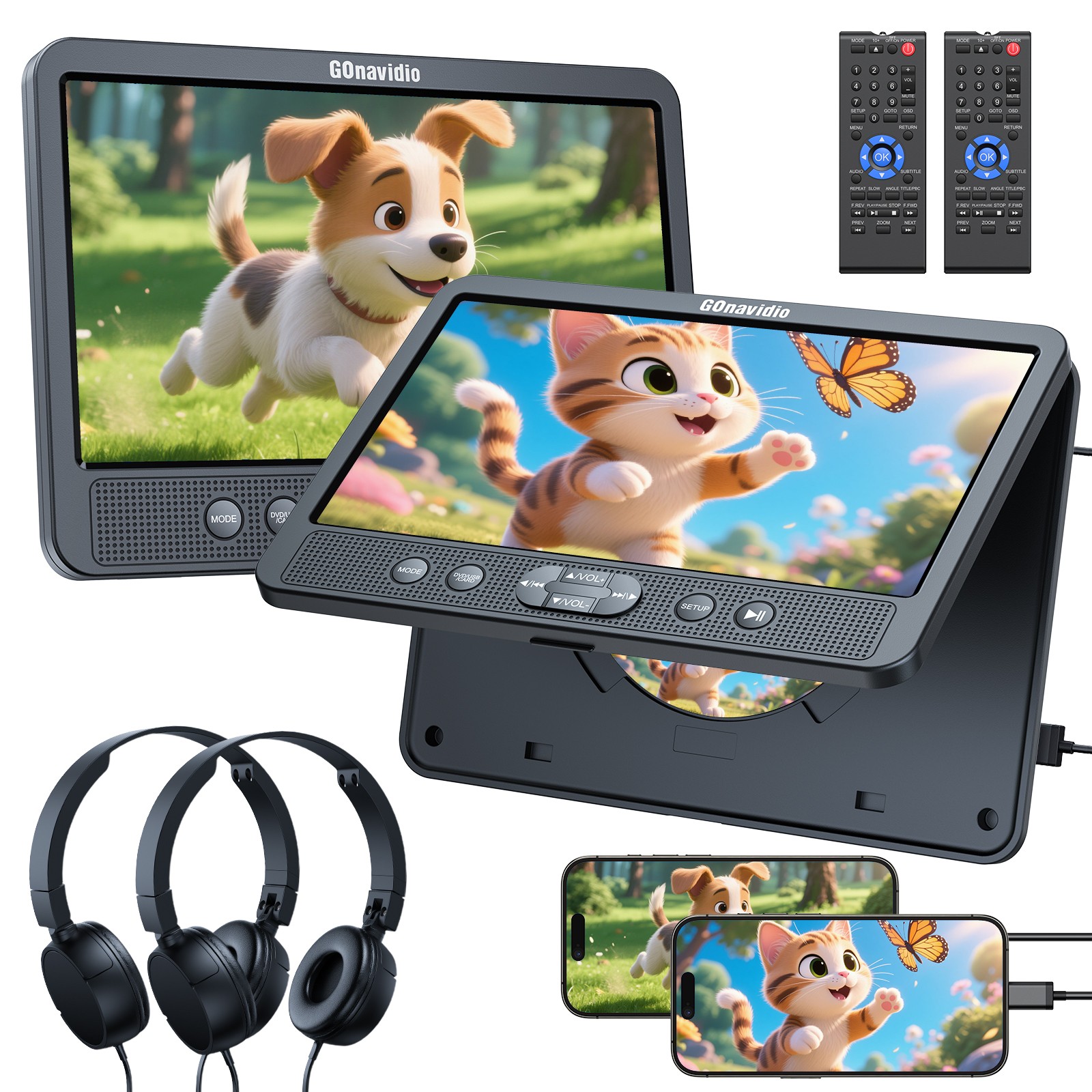 2x 10.5” Screen HD Car Headrest Monitor DVD Player for Kids USB HDMI w/ Headset